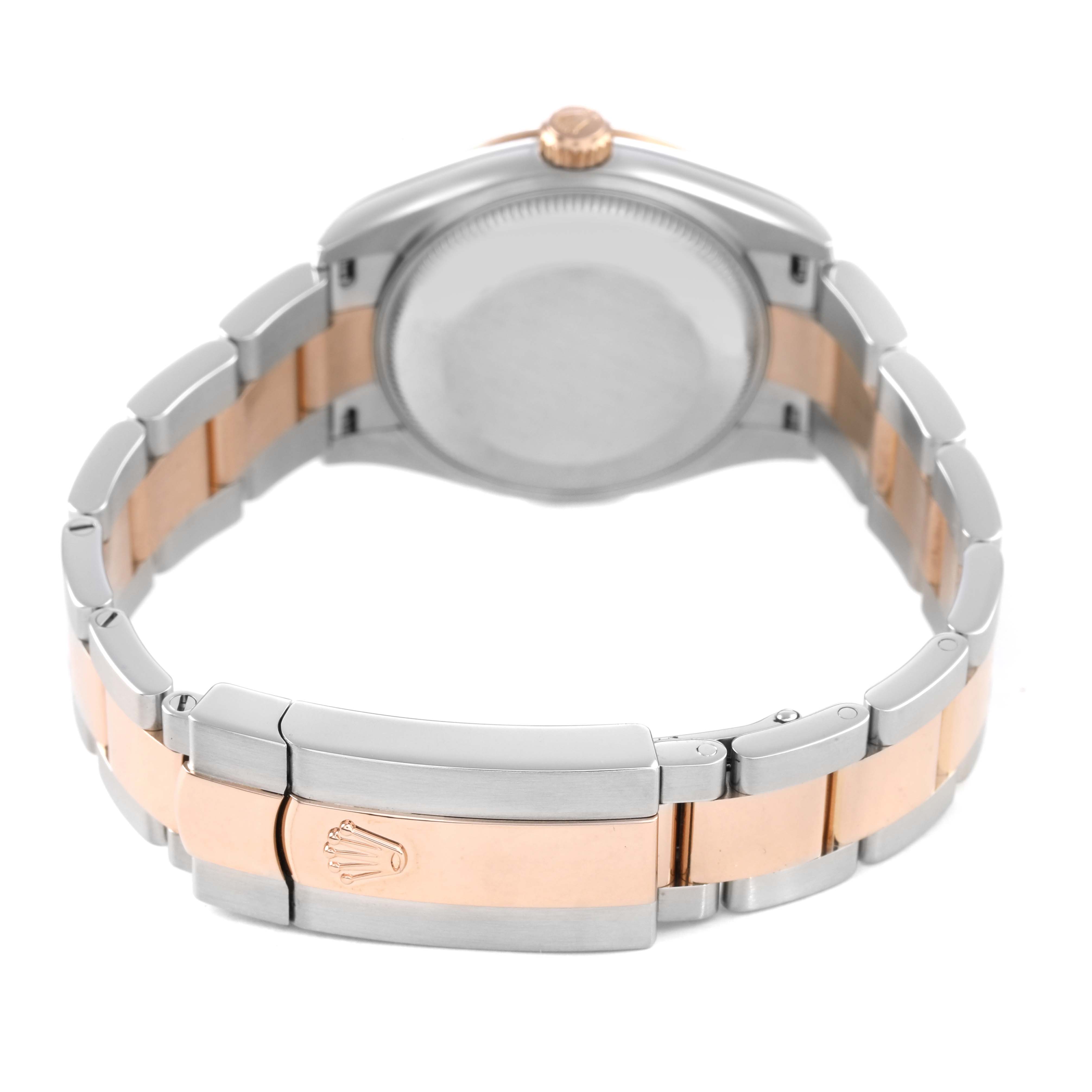 The image shows the back view of a Mid-Size Rolex watch, highlighting the bracelet and clasp with the logo.