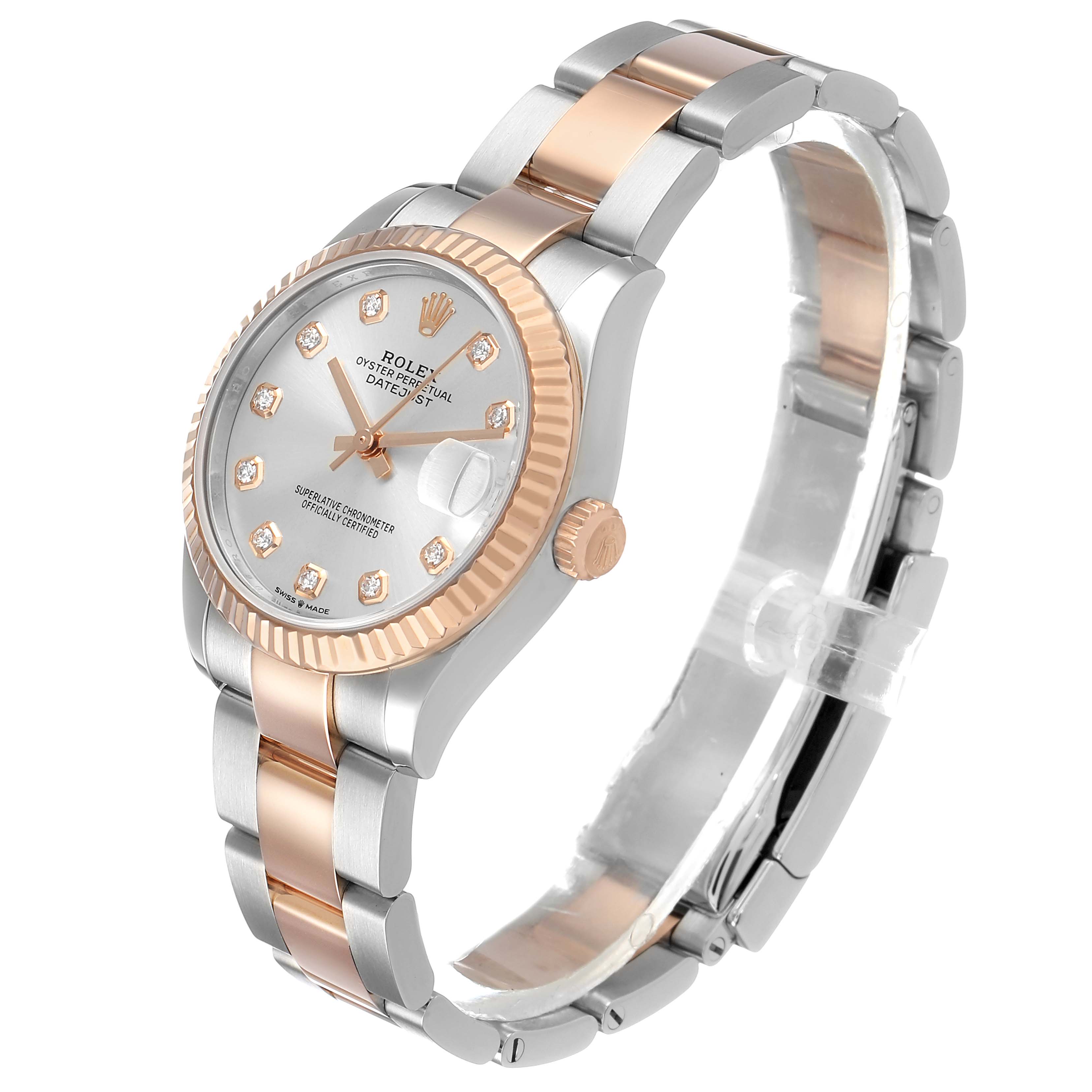 The Rolex Mid-Size 278271 Women's Steel and Gold (two tone) Silver Dial watch is shown at an angle highlighting the face, bezel, crown, and bracelet.