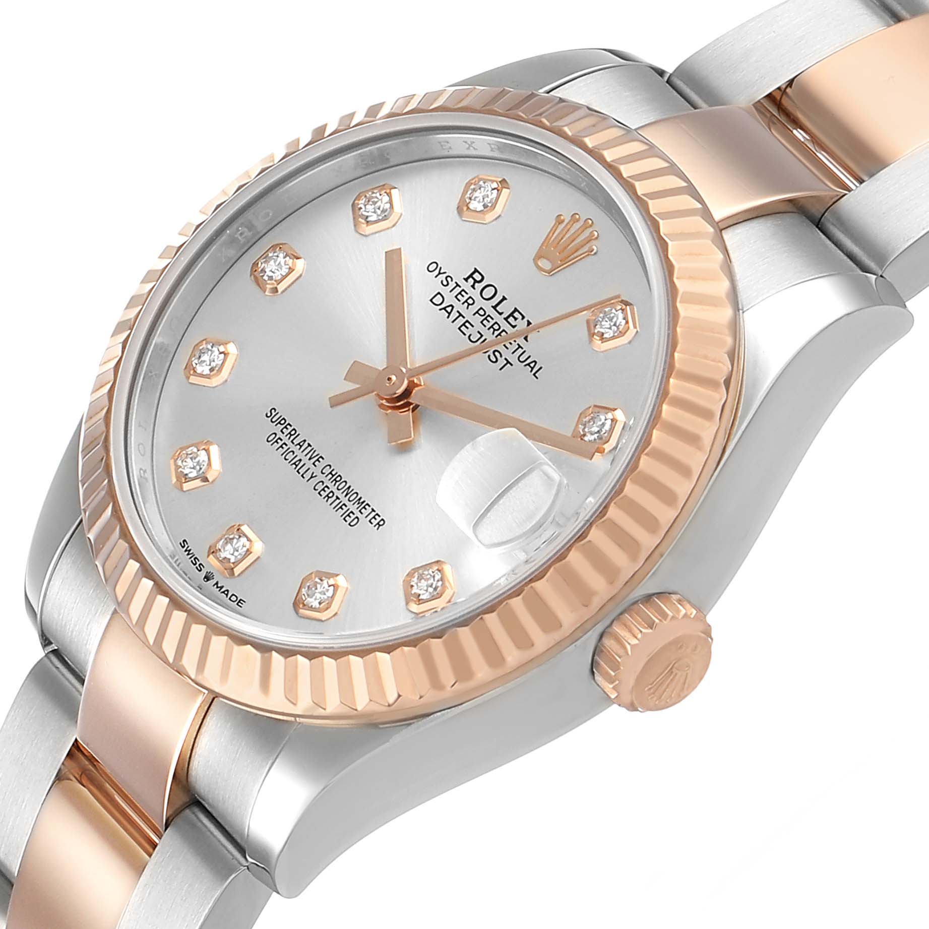 The Rolex Mid-Size 278271 Women's Steel and Gold (two tone) Silver Dial watch is shown at an angled view highlighting the dial, case, bracelet, and crown.