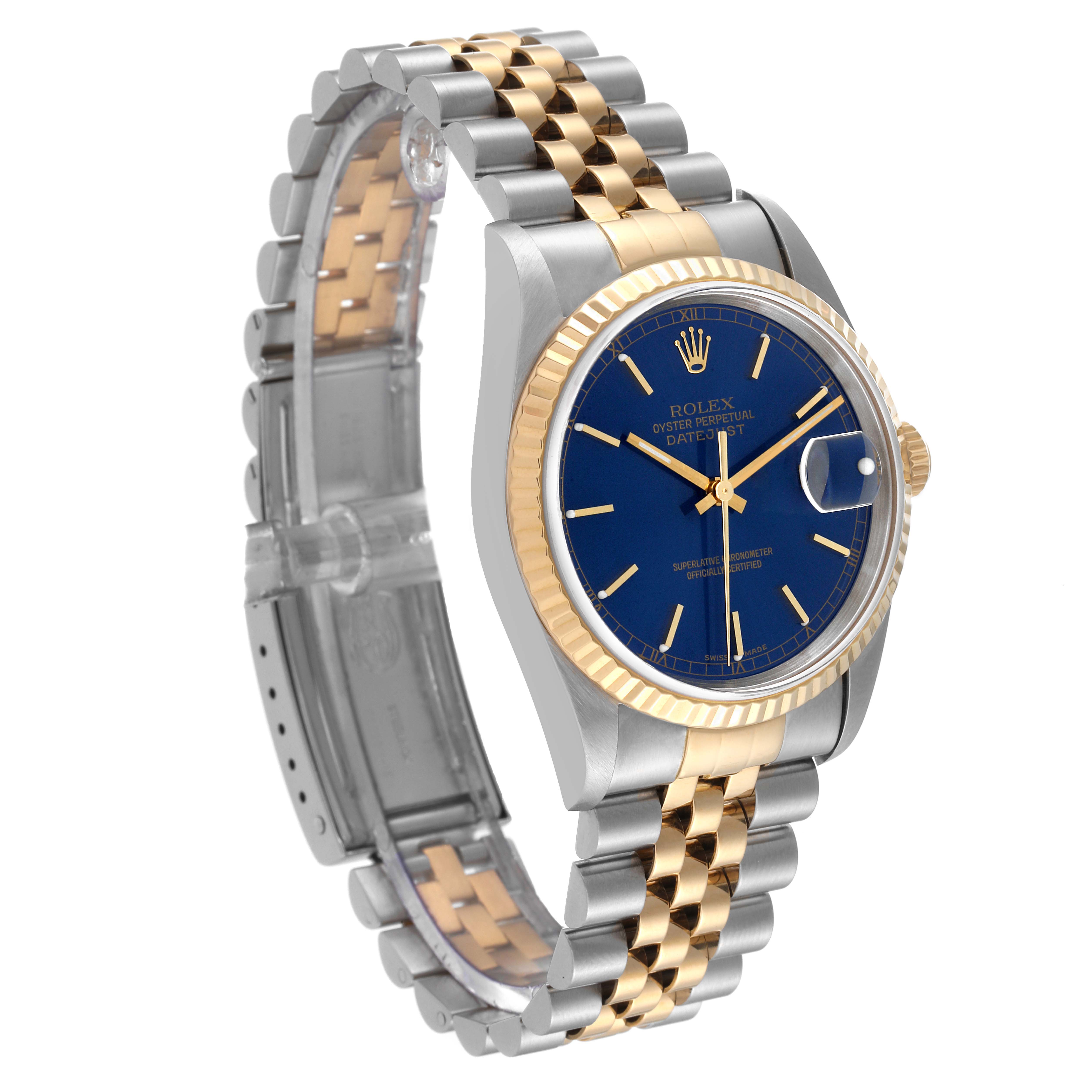 The image shows a Rolex Datejust 16233 Men's Steel and Gold (two tone) Blue Dial 16233 Men's Steel and Gold (two tone) Blue Dial watch at a slight angle, highlighting its blue dial, oyster steel and gold case, and jubilee bracelet.