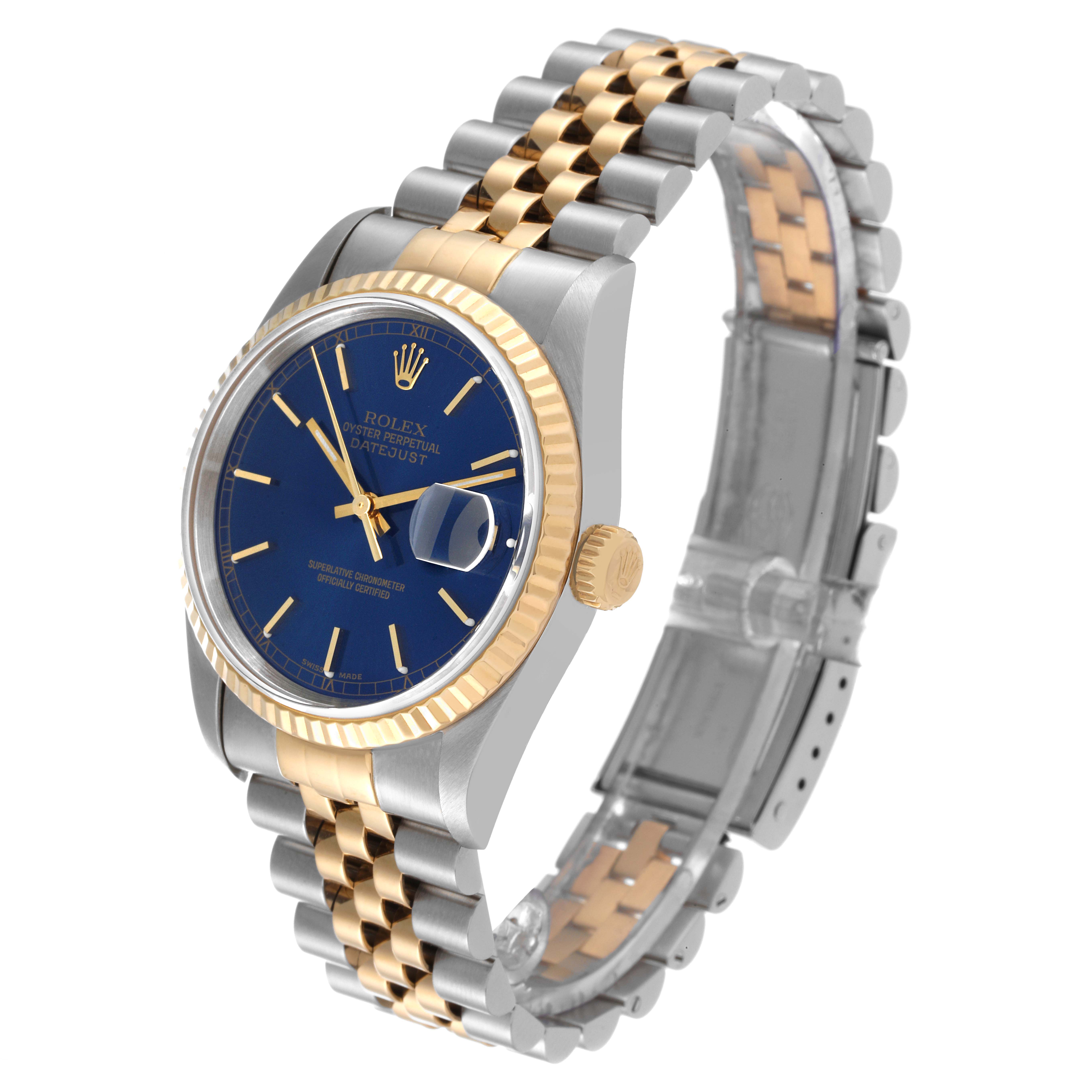 The image shows a three-quarter view of a Rolex Datejust 16233 Men's Steel and Gold (two tone) Blue Dial 16233 Men's Steel and Gold (two tone) Blue Dial watch, highlighting the blue dial, gold bezel, and two-tone bracelet.