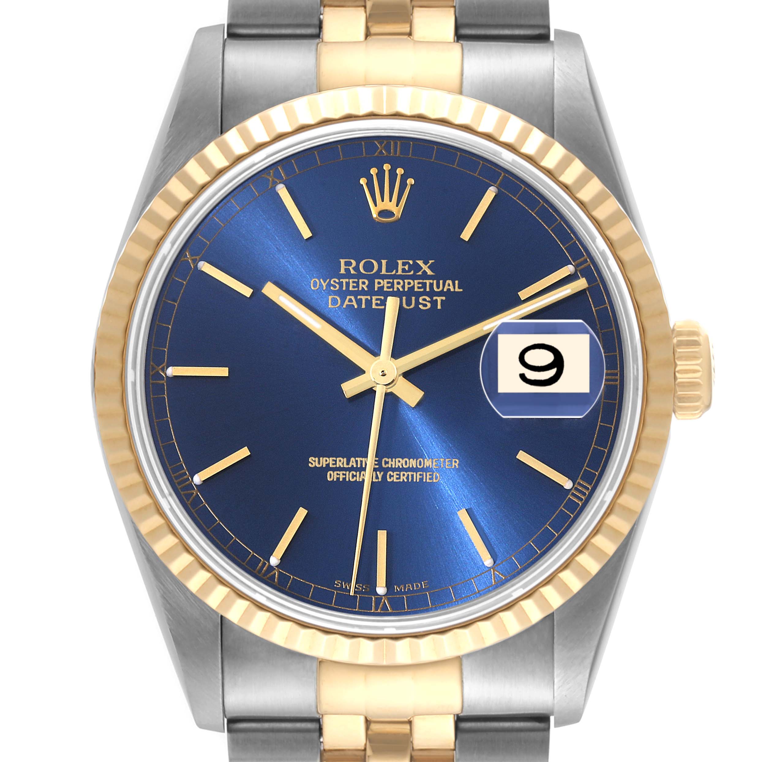 The image shows a front view of a Rolex Datejust 16233 Men's Steel and Gold (two tone) Blue Dial 16233 Men's Steel and Gold (two tone) Blue Dial watch, highlighting the blue dial, gold fluted bezel, and the date window.