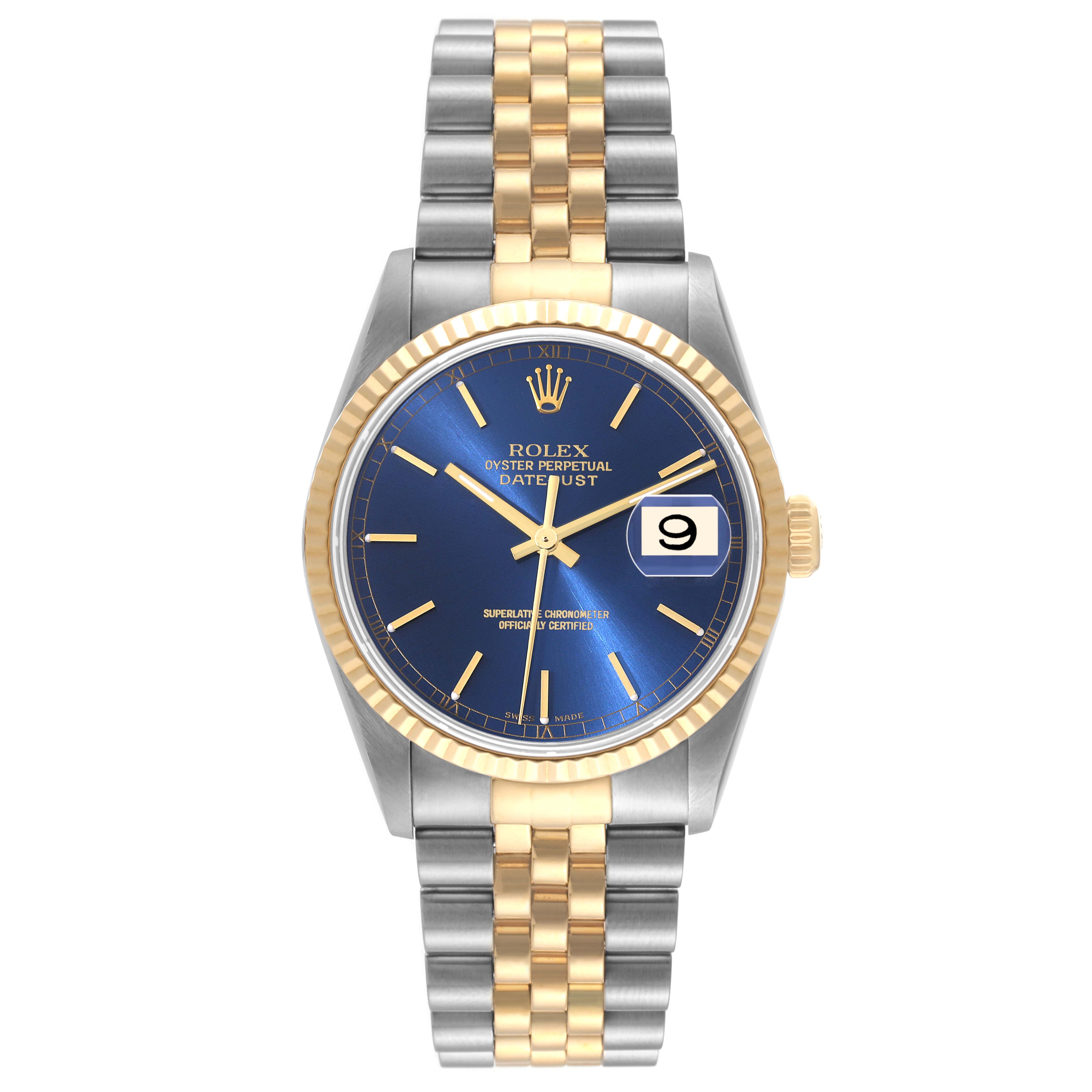 This is a front-facing view of a Rolex Datejust 16233 Men's Steel and Gold (two tone) Blue Dial 16233 Men's Steel and Gold (two tone) Blue Dial watch, showing the blue dial, gold bezel, and two-tone bracelet.