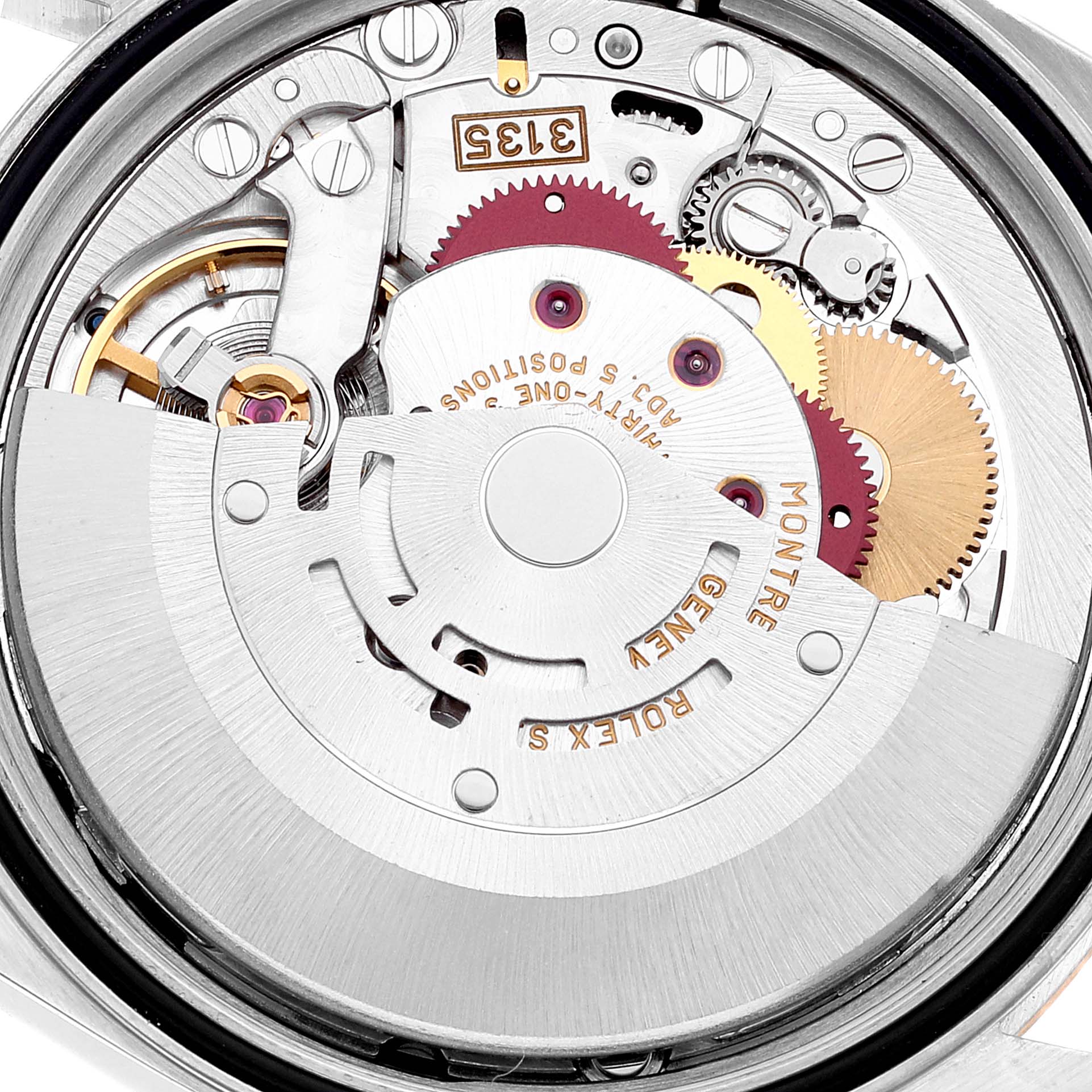 This image shows the movement and internal mechanism of a Rolex Datejust 16233 Men's Steel and Gold (two tone) Blue Dial 16233 Men's Steel and Gold (two tone) Blue Dial watch from an overhead angle.