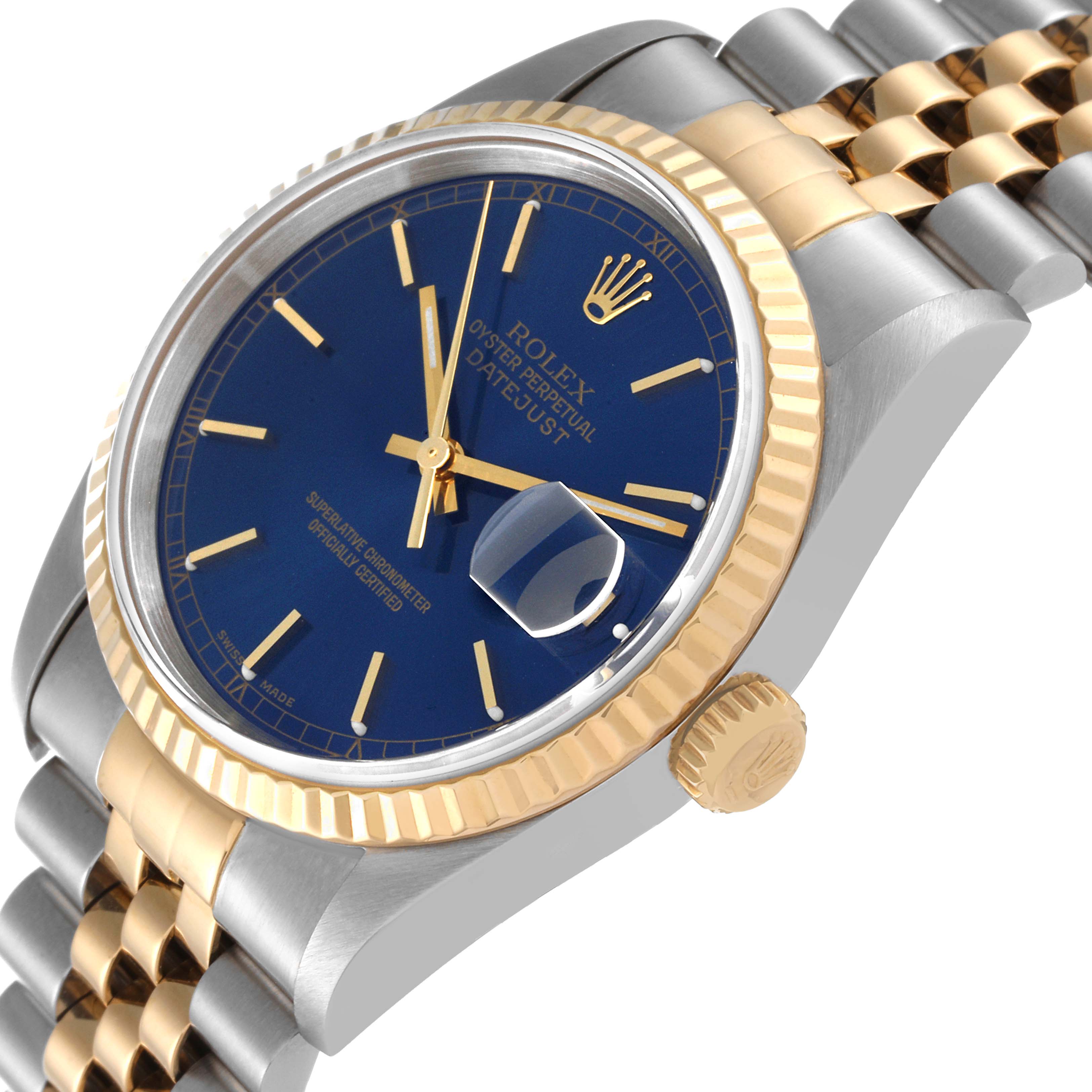 This image shows a side angle of a Rolex Datejust 16233 Men's Steel and Gold (two tone) Blue Dial 16233 Men's Steel and Gold (two tone) Blue Dial watch, highlighting its blue dial, gold bezel, and two-tone bracelet.