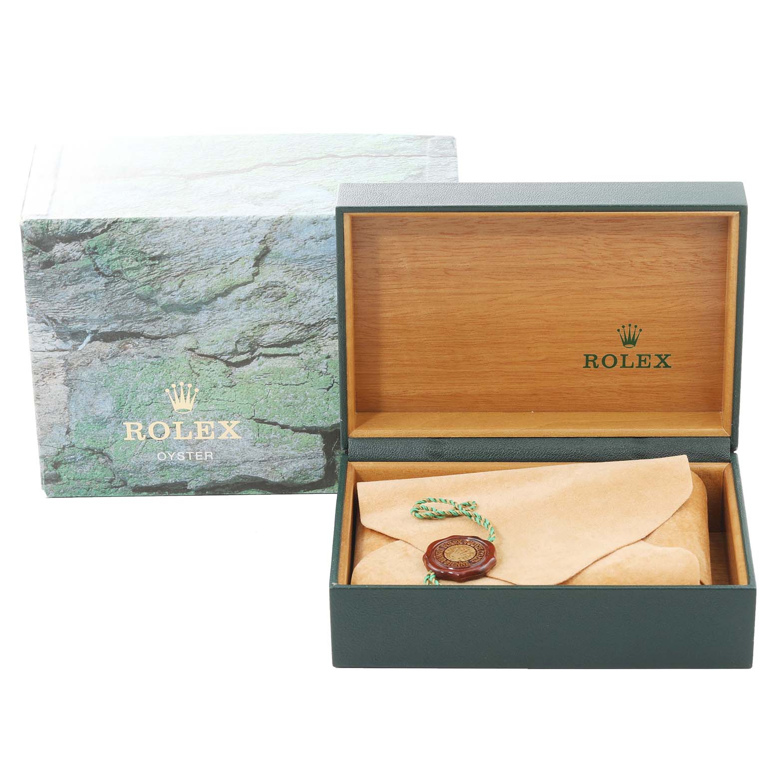 The image shows the open packaging of a Rolex Datejust 16233 Men's Steel and Gold (two tone) Blue Dial 16233 Men's Steel and Gold (two tone) Blue Dial watch, including the box, outer sleeve, and wrapped watch.