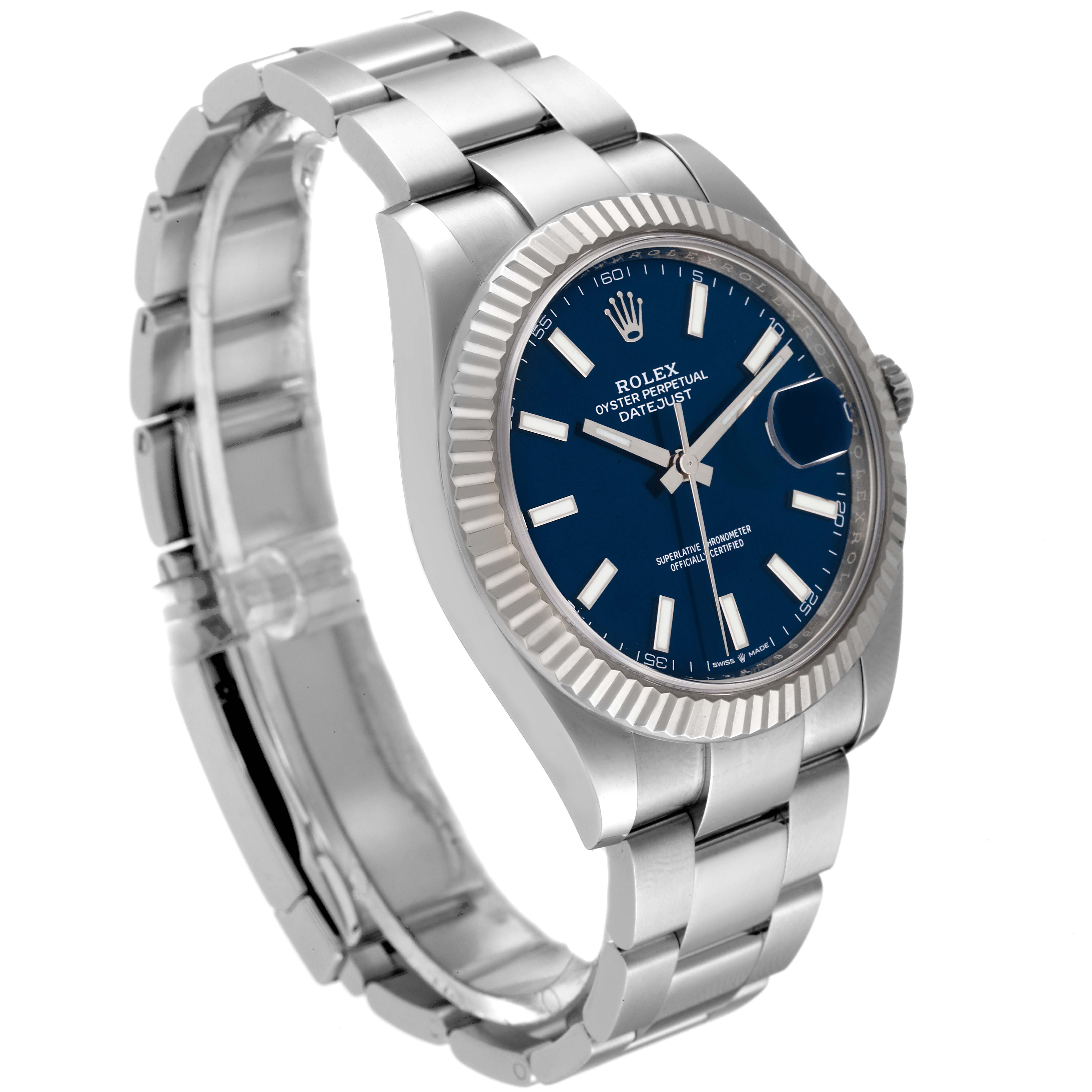 The image shows a Rolex Datejust 41 126334 Men's Stainless Steel Blue Dial 126334 Men's Stainless Steel Blue Dial watch at a three-quarter angle, highlighting its bracelet, dial, bezel, and crown.