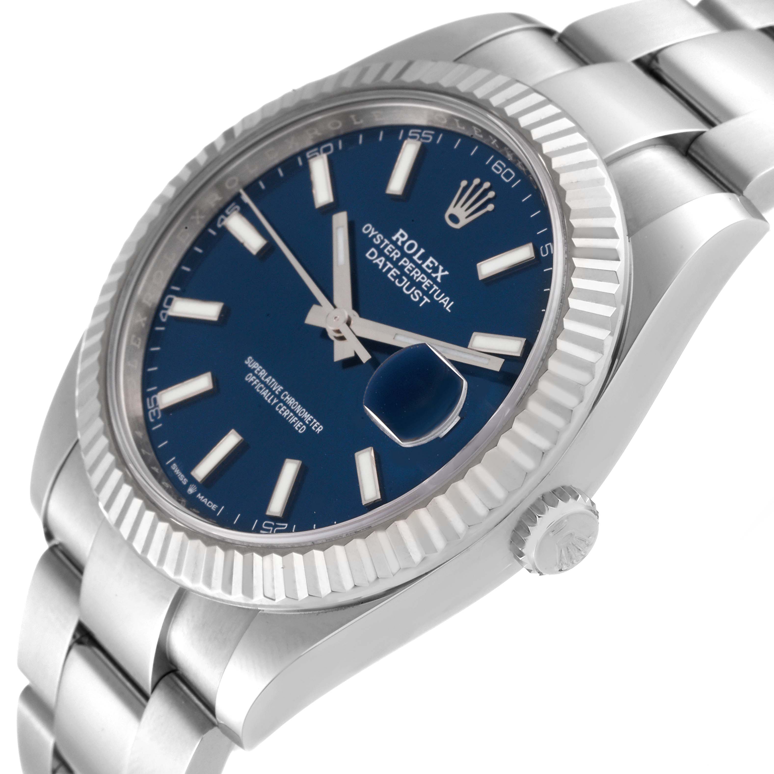 The Rolex Datejust 41 126334 Men's Stainless Steel Blue Dial 126334 Men's Stainless Steel Blue Dial watch is shown from a front angle highlighting the dial, bezel, crown, and bracelet.