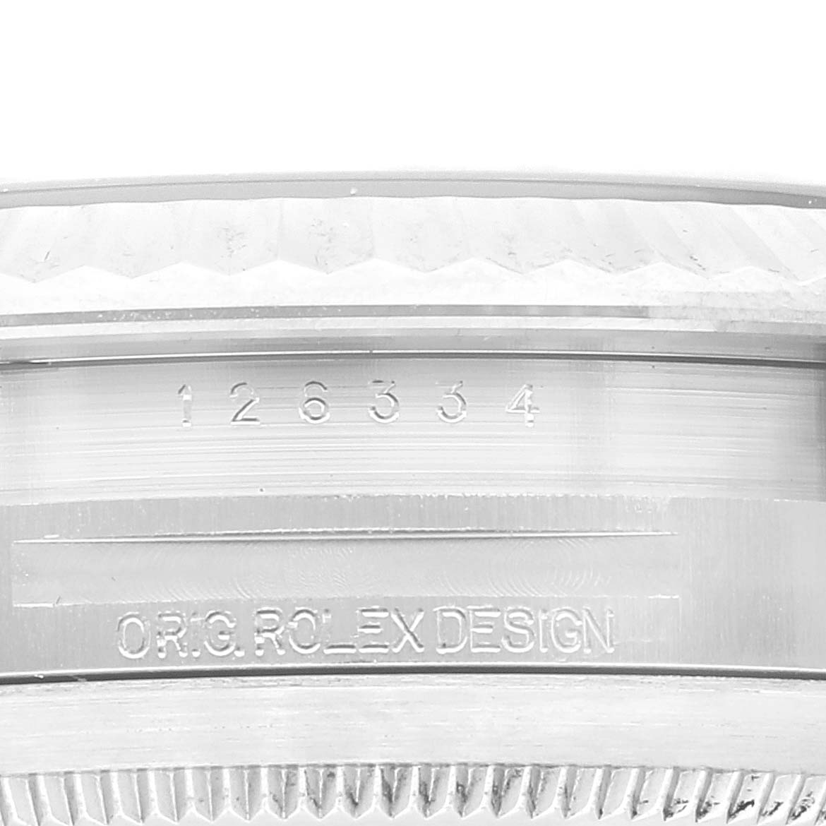 The image shows a close-up of the case side of the Rolex Datejust 41 126334 Men's Stainless Steel Blue Dial 126334 Men's Stainless Steel Blue Dial, highlighting the model number and "ORIG. ROLEX DESIGN" engraving.