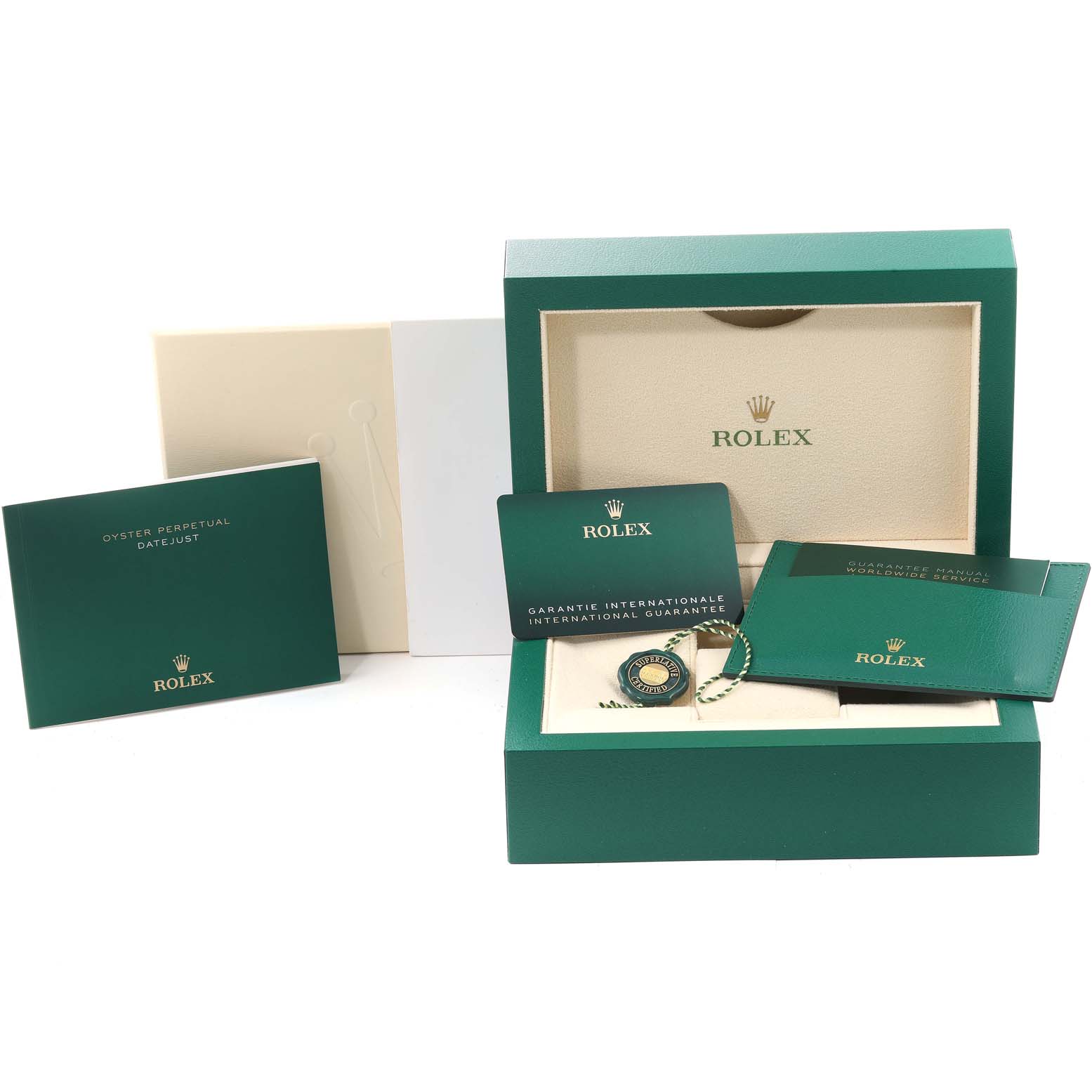 The image shows the Rolex Datejust 41 126334 Men's Stainless Steel Blue Dial 126334 Men's Stainless Steel Blue Dial box, warranty cards, booklet, and hang tag from a front angle.