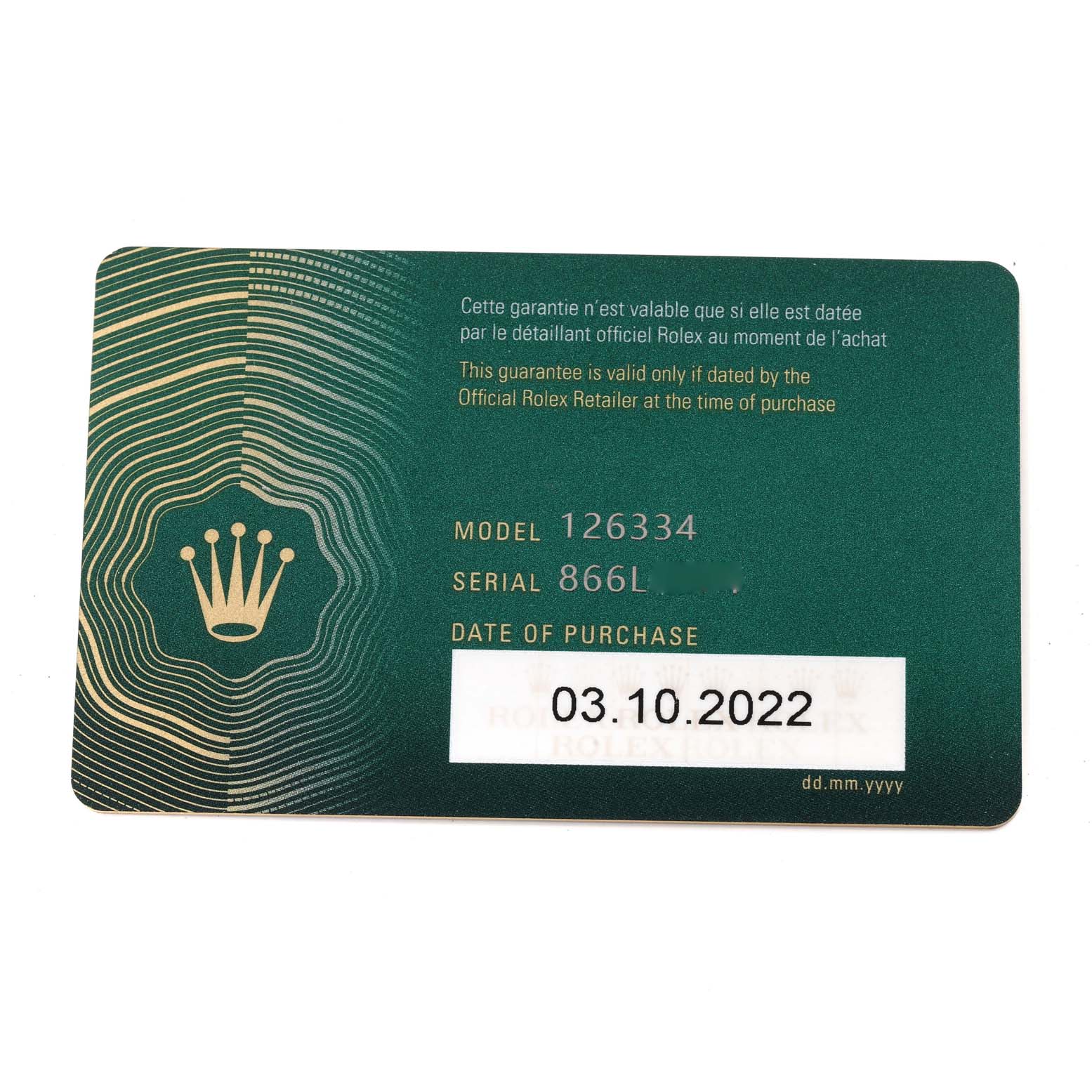 The image shows a green warranty card for the Rolex Datejust 41 126334 Men's Stainless Steel Blue Dial 126334 Men's Stainless Steel Blue Dial model 126334.