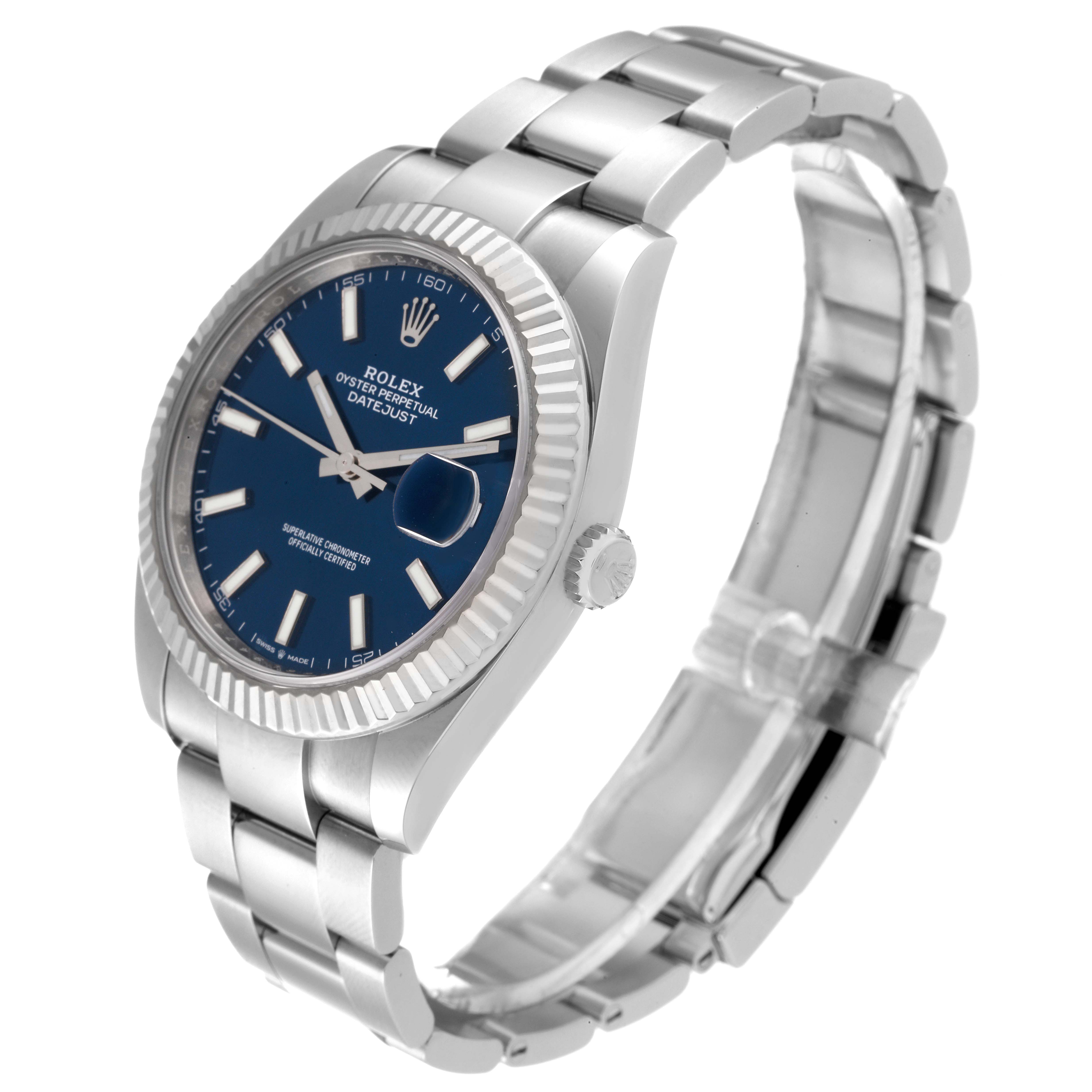 The Rolex Datejust 41 126334 Men's Stainless Steel Blue Dial 126334 Men's Stainless Steel Blue Dial is shown at a three-quarter angle, displaying the face, bezel, crown, and bracelet.