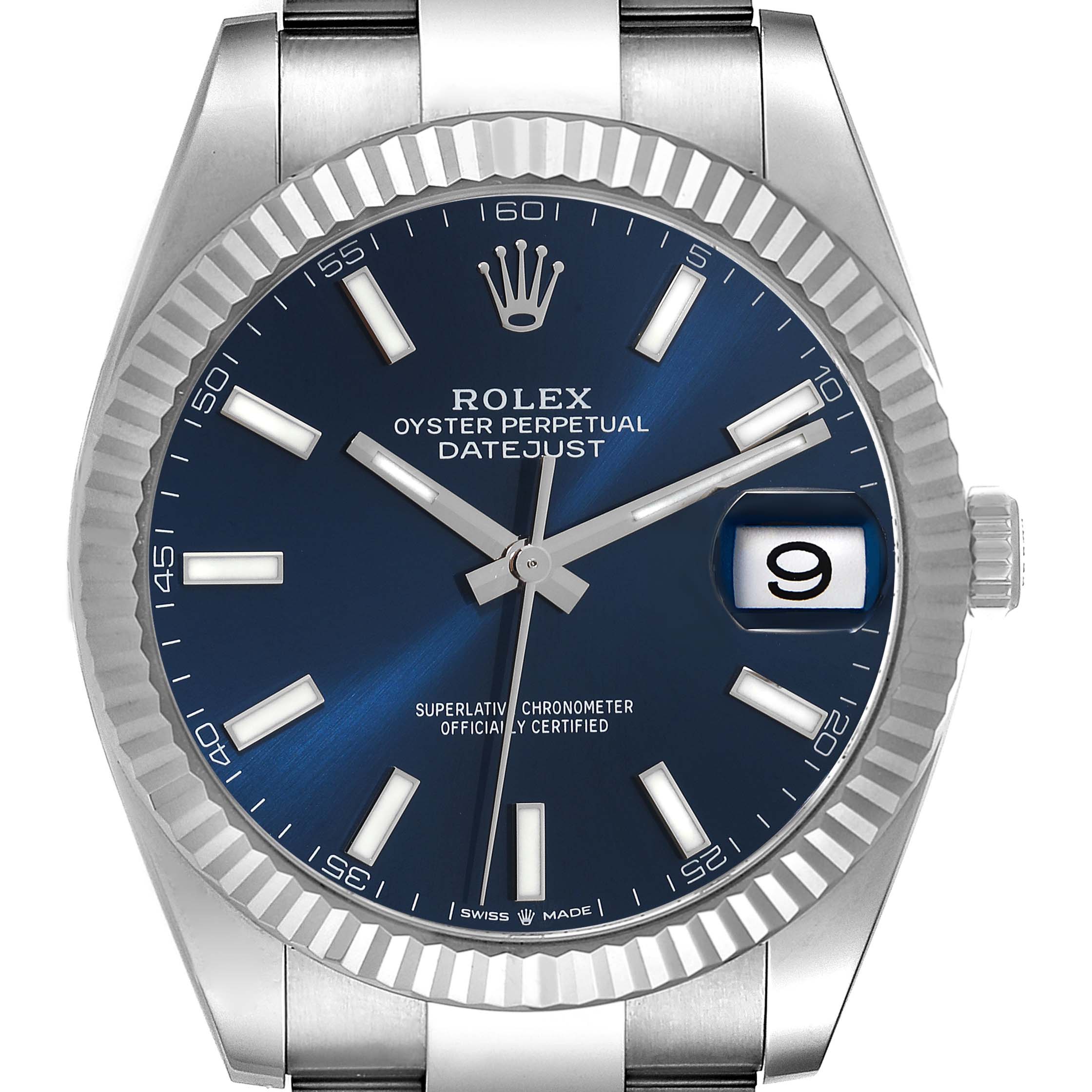 The image shows a front view of the Rolex Datejust 41 126334 Men's Stainless Steel Blue Dial 126334 Men's Stainless Steel Blue Dial, highlighting the blue dial, date window, and fluted bezel.