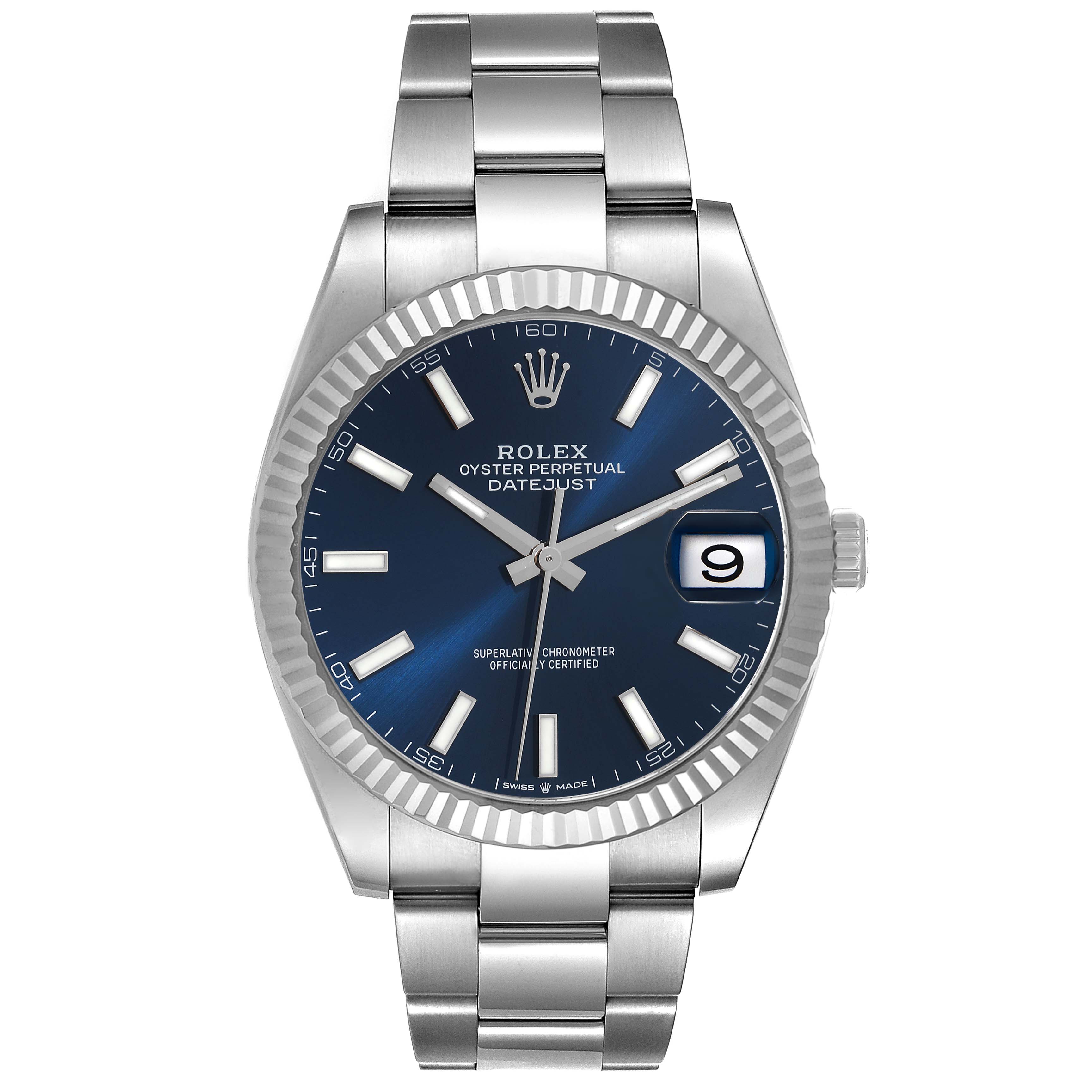 The image shows a front view of the Rolex Datejust 41 126334 Men's Stainless Steel Blue Dial 126334 Men's Stainless Steel Blue Dial watch, displaying its bracelet, dial, hands, bezel, and date window.