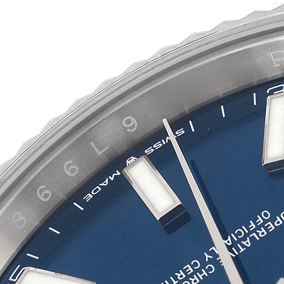 This close-up image shows the bezel, indices, and a portion of the dial of the Rolex Datejust 41 126334 Men's Stainless Steel Blue Dial 126334 Men's Stainless Steel Blue Dial watch.