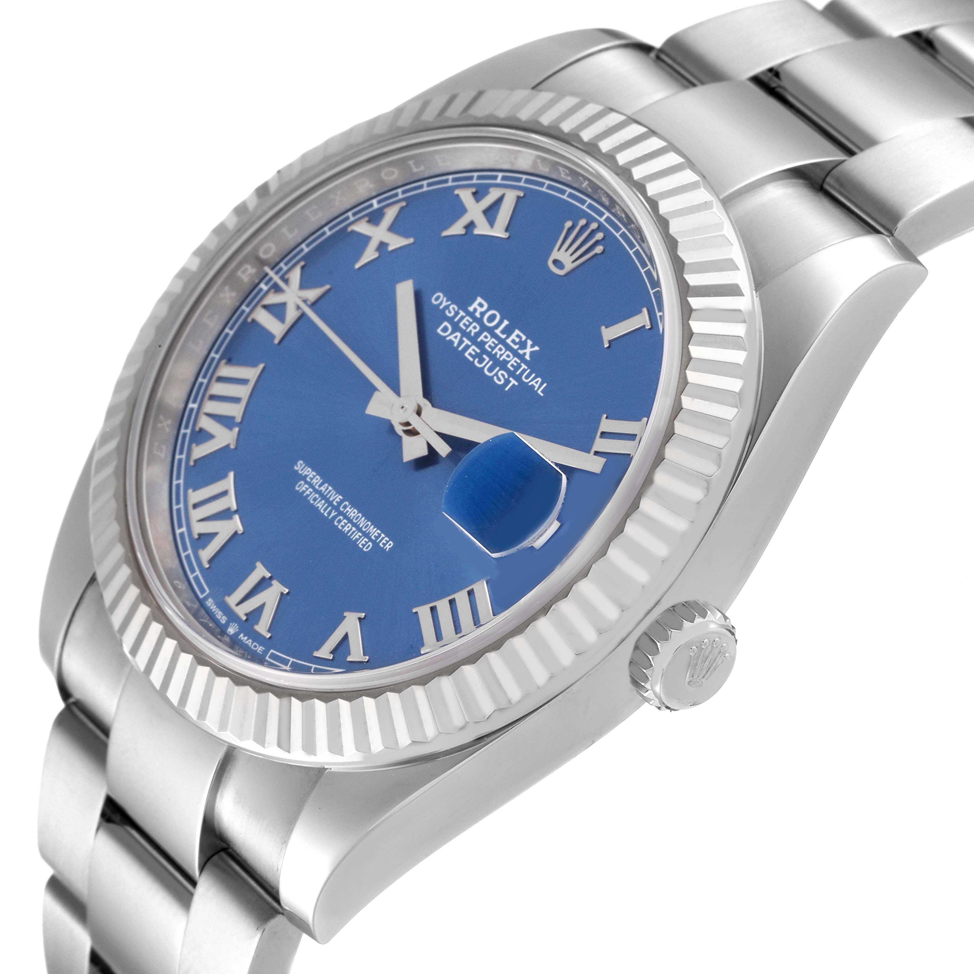 The image shows a tilted angle of the Rolex Datejust 41 126334 Men's Stainless Steel Blue Dial 126334 Men's Stainless Steel Blue Dial, highlighting its blue dial, fluted bezel, and partially the bracelet.