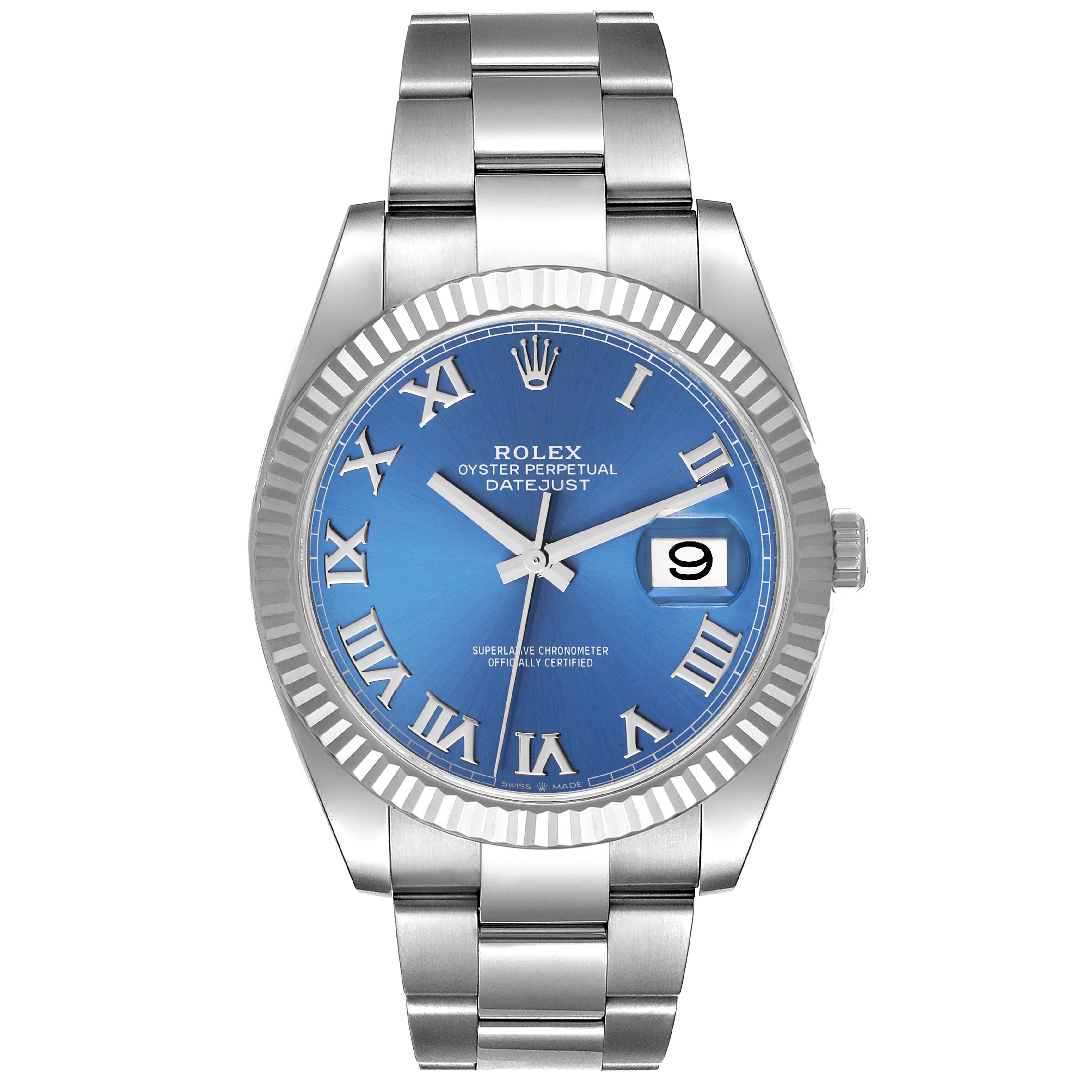 This Rolex Datejust 41 126334 Men's Stainless Steel Blue Dial 126334 Men's Stainless Steel Blue Dial watch is shown from the front, displaying the blue dial, Roman numerals, and stainless steel bracelet.