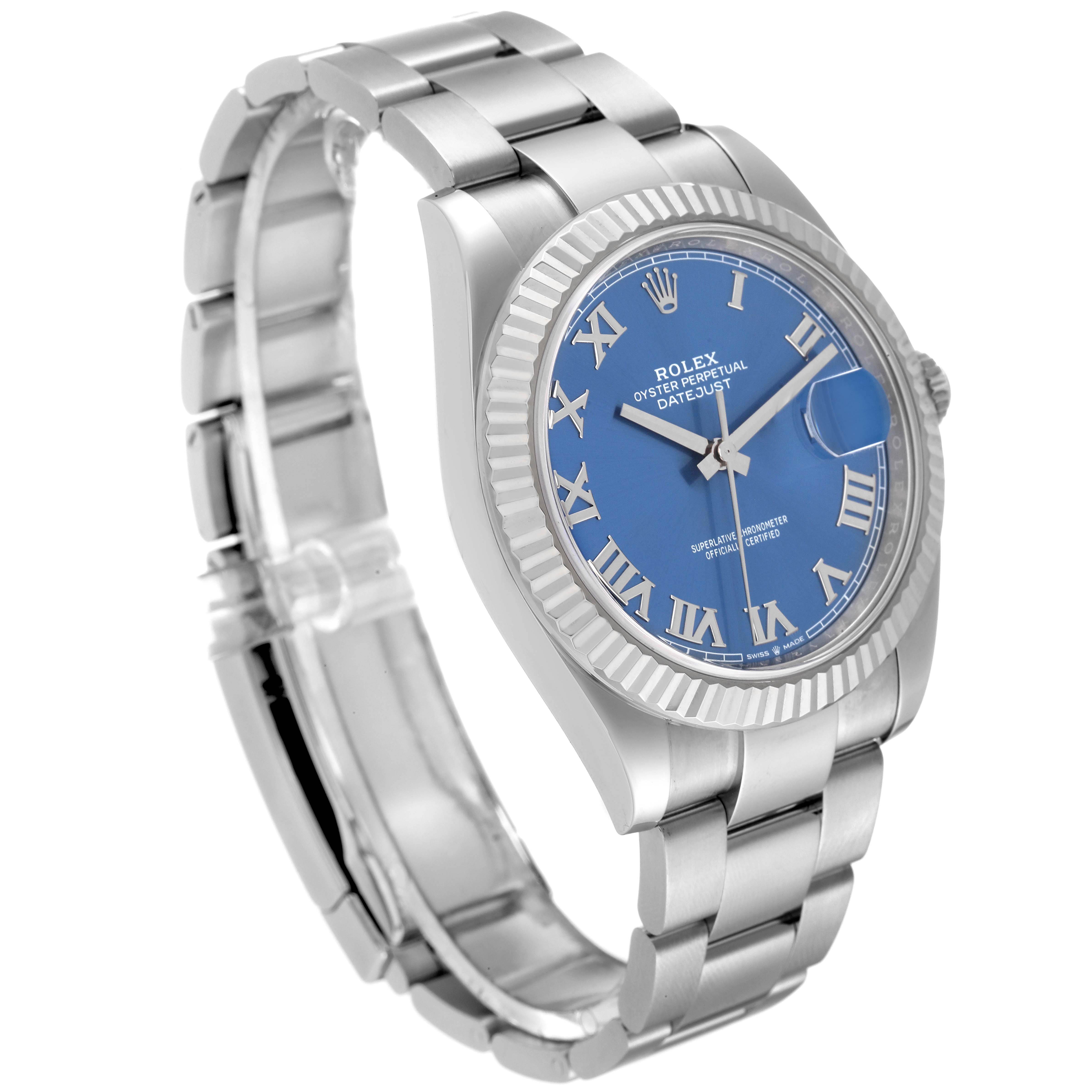 This image shows a Rolex Datejust 41 126334 Men's Stainless Steel Blue Dial 126334 Men's Stainless Steel Blue Dial watch at a three-quarter angle, highlighting the blue dial, bezel, and bracelet.