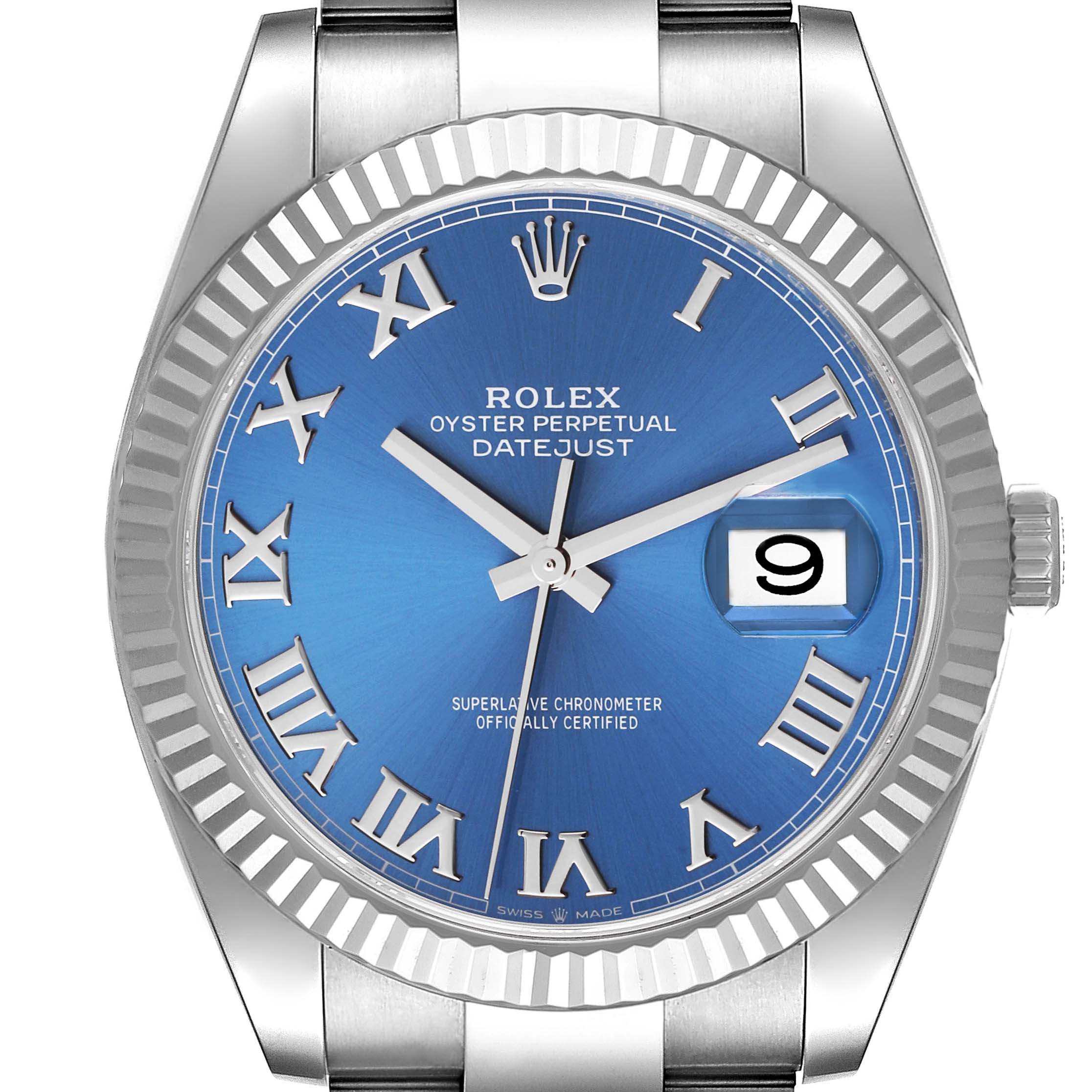 This image shows a front view of the Rolex Datejust 41 126334 Men's Stainless Steel Blue Dial 126334 Men's Stainless Steel Blue Dial watch, highlighting its blue dial, Roman numerals, and cyclops date window.