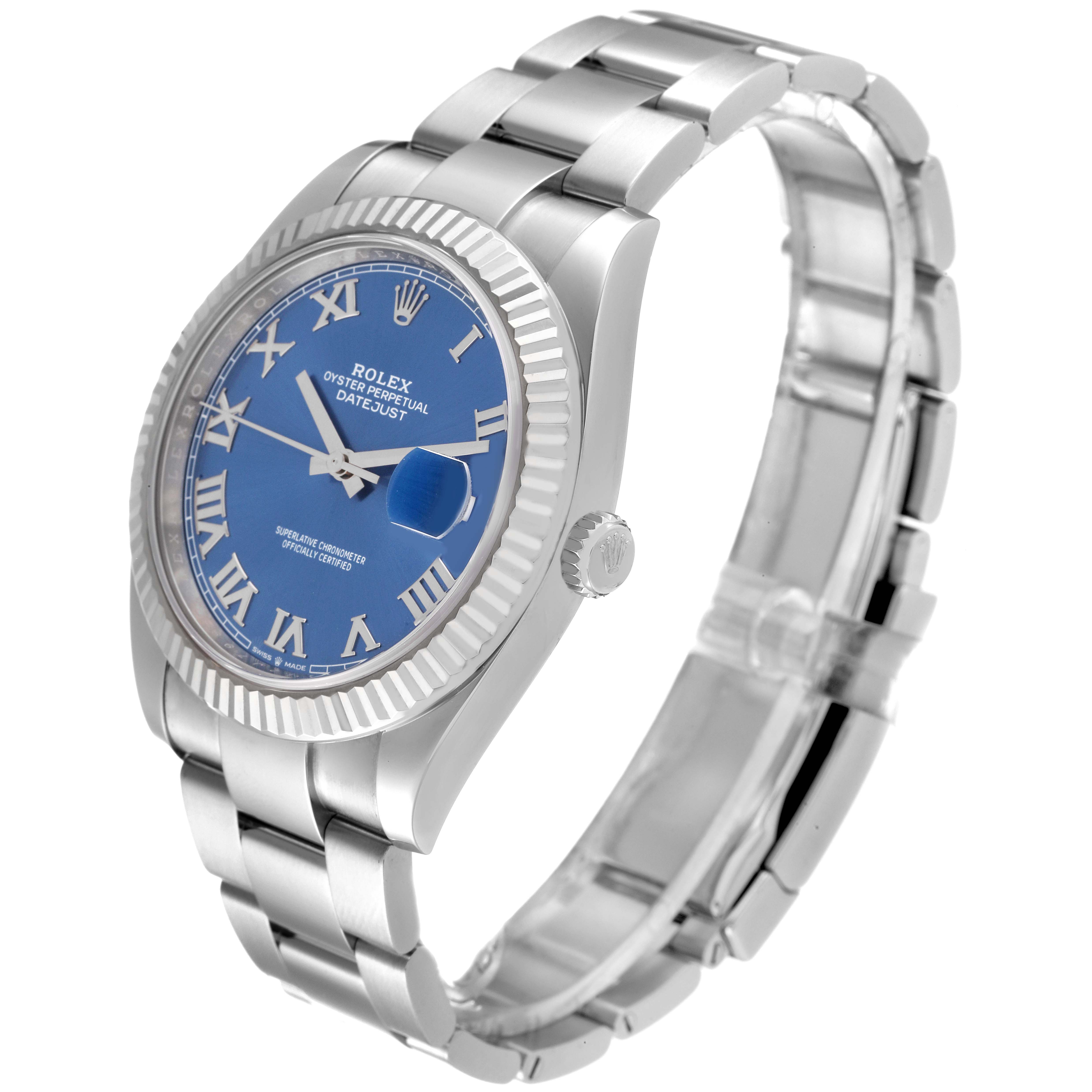 The image shows a side and front angle of the Rolex Datejust 41 126334 Men's Stainless Steel Blue Dial 126334 Men's Stainless Steel Blue Dial model, featuring its blue dial, fluted bezel, and metallic bracelet.