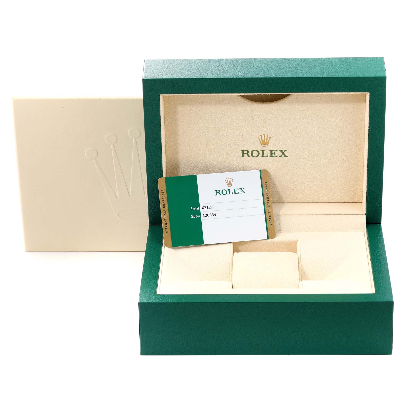 The image shows the open packaging box and authenticity card for a Rolex Datejust 41 126334 Men's Stainless Steel Blue Dial 126334 Men's Stainless Steel Blue Dial model.
