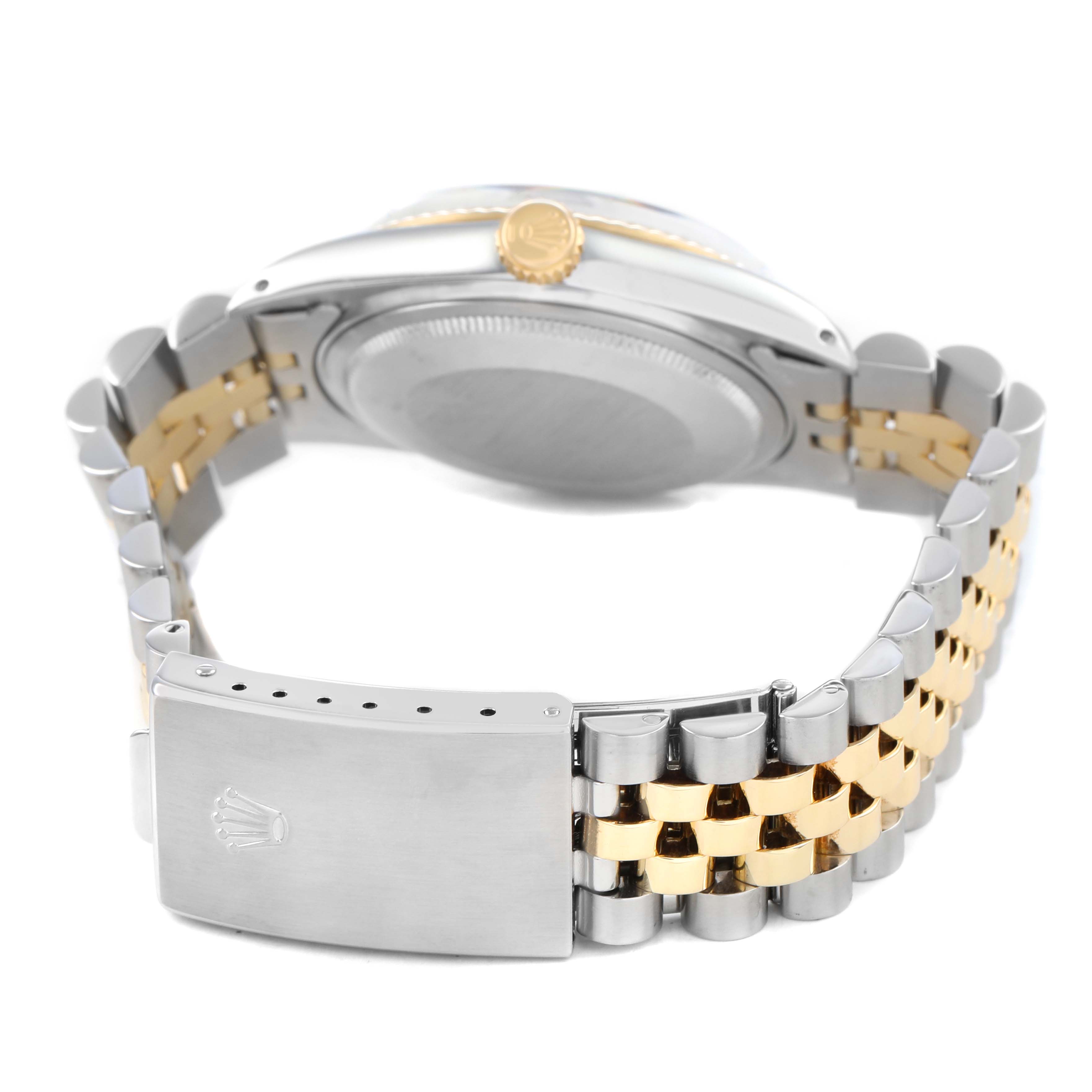 The image shows the back and side of a Rolex Datejust 16013 Men's Steel and Gold (two tone) Black Dial watch, focusing on the clasp, bracelet, and case back.