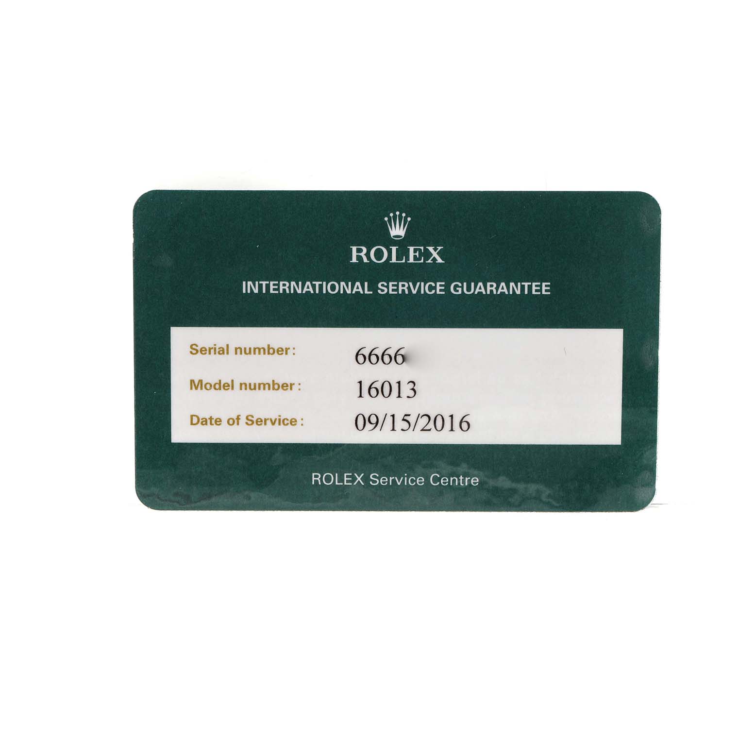 The image shows a Rolex International Service Guarantee card for the Datejust model, not the watch itself.