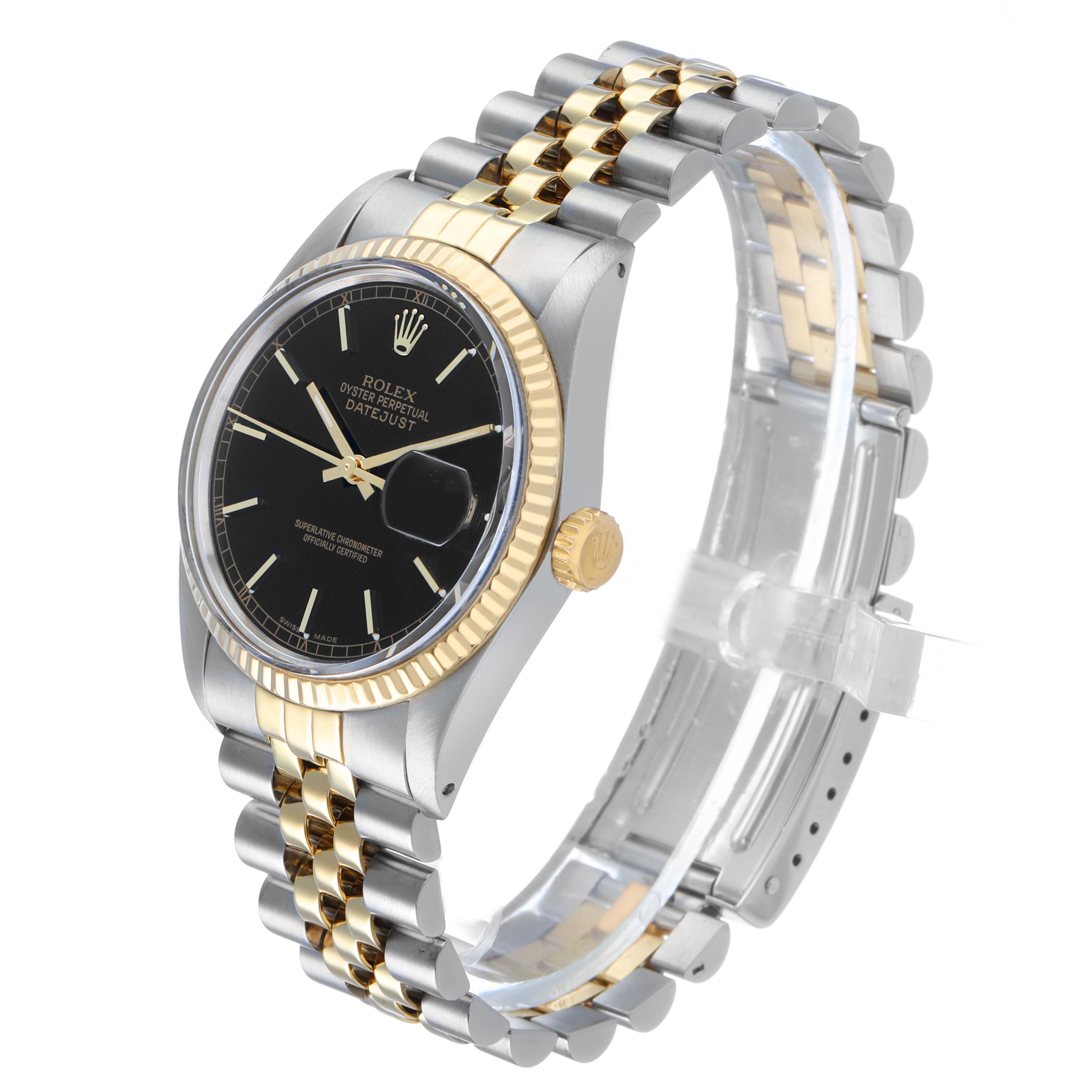 The Rolex Datejust 16013 Men's Steel and Gold (two tone) Black Dial watch is shown at a three-quarter angle, highlighting the dial, bezel, crown, and Jubilee bracelet.
