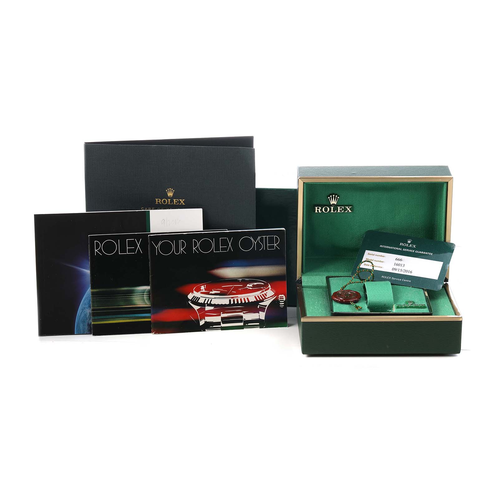 The image shows a Rolex Datejust 16013 Men's Steel and Gold (two tone) Black Dial watch box, warranty card, tags, and booklets from a frontal angle.