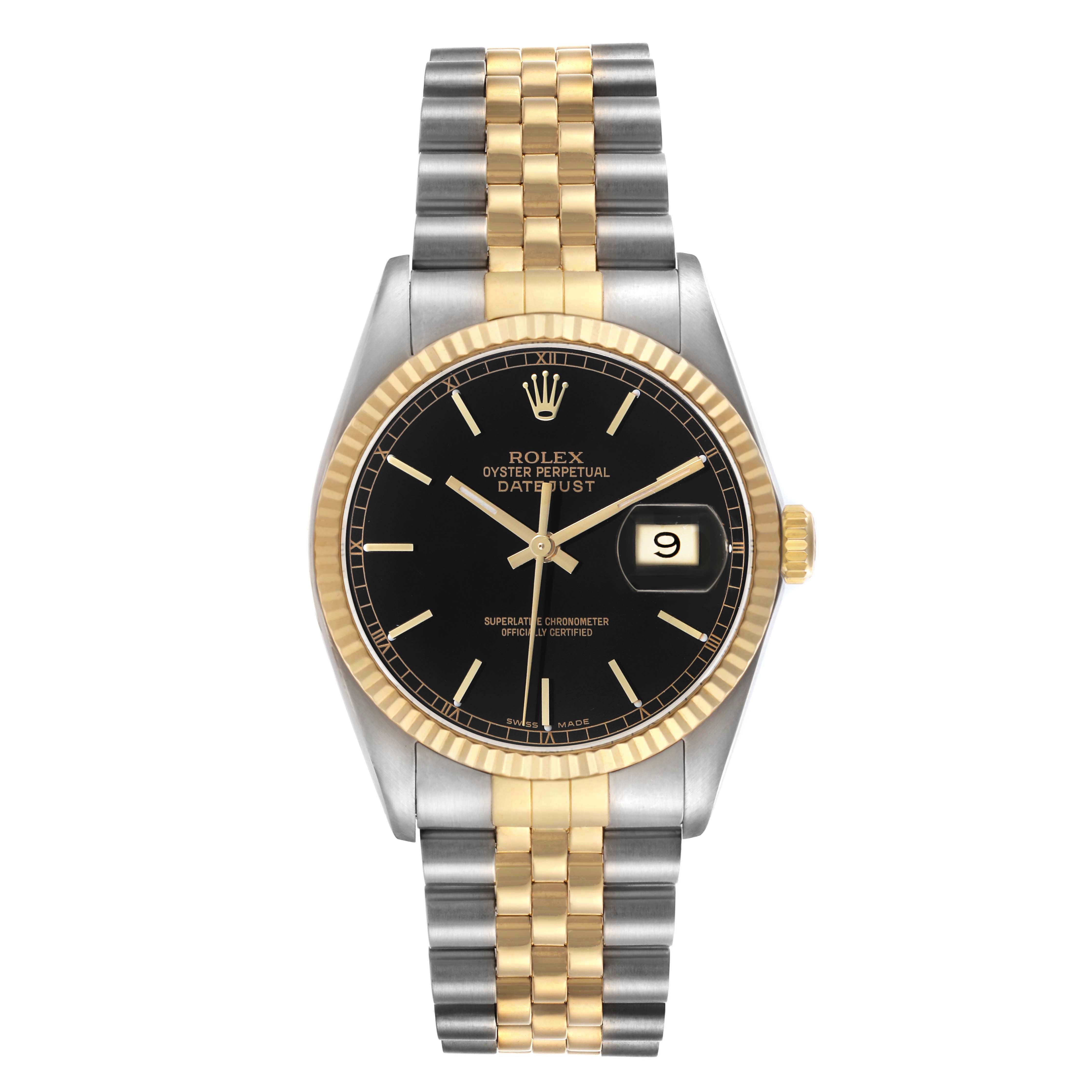 The Rolex Datejust 16013 Men's Steel and Gold (two tone) Black Dial watch is shown from a front angle, displaying the face, bezel, and bracelet clearly.