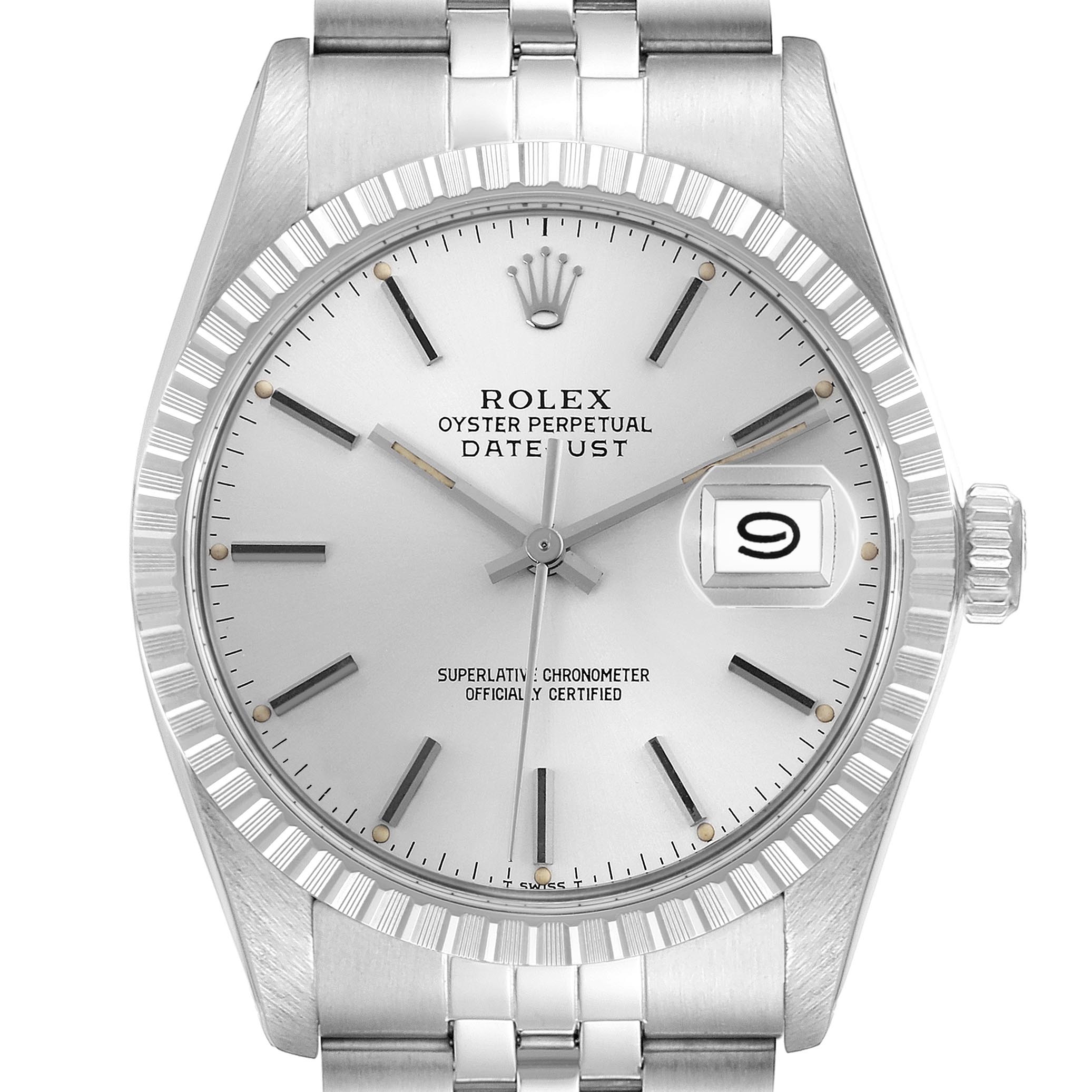 The Rolex Datejust 16030 Men
s Stainless Steel Silver Dial 16030 Men
s Stainless Steel Silver Dial watch is shown from a front angle, highlighting its dial, bezel, crown, and part of the bracelet.