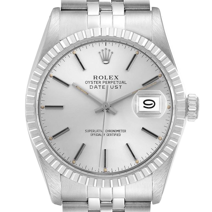 The Rolex Datejust watch is shown from a front angle, highlighting its dial, bezel, crown, and part of the bracelet.