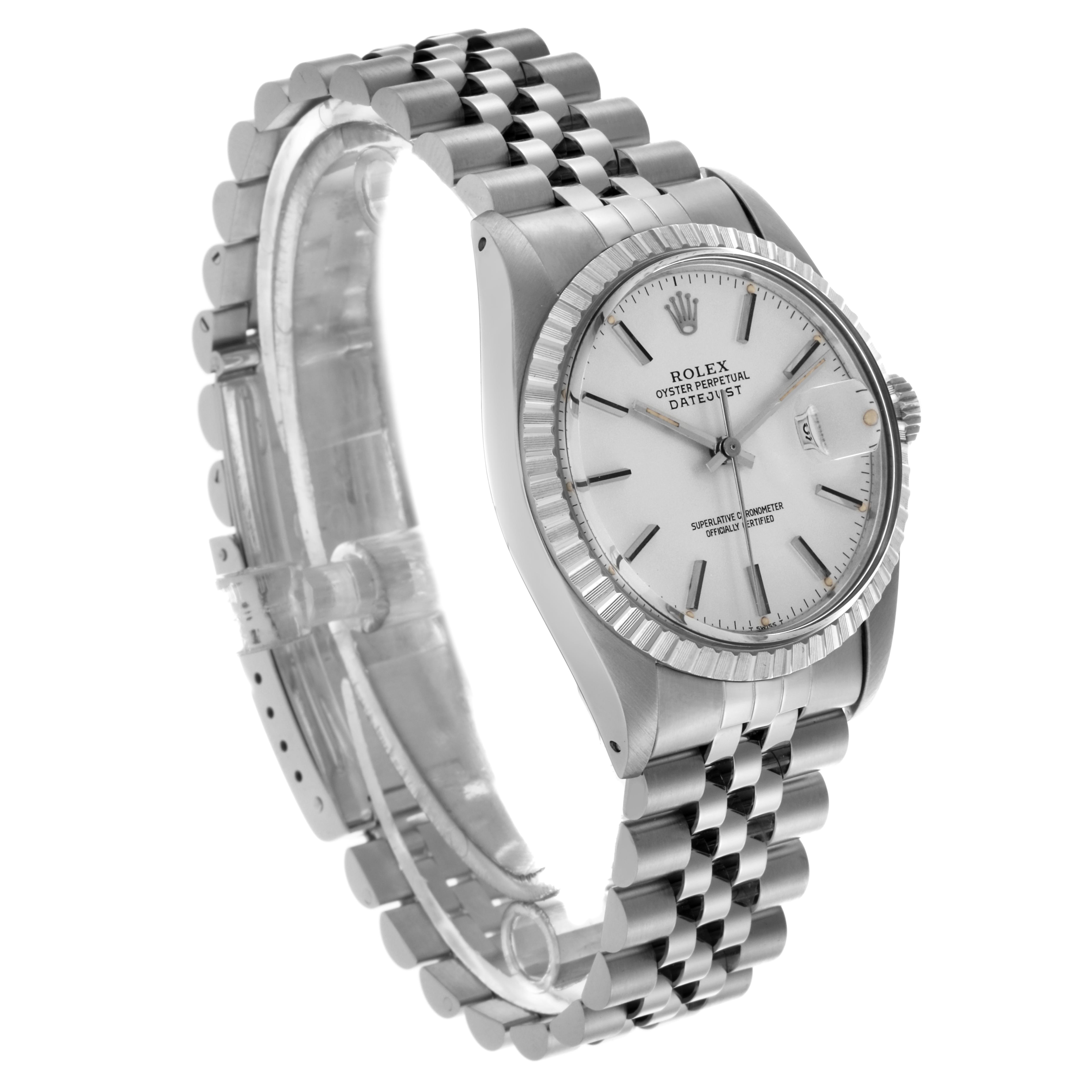 The Rolex Datejust 16030 Men
s Stainless Steel Silver Dial 16030 Men
s Stainless Steel Silver Dial watch is shown at an angled side view, highlighting the dial, bezel, and jubilee bracelet.