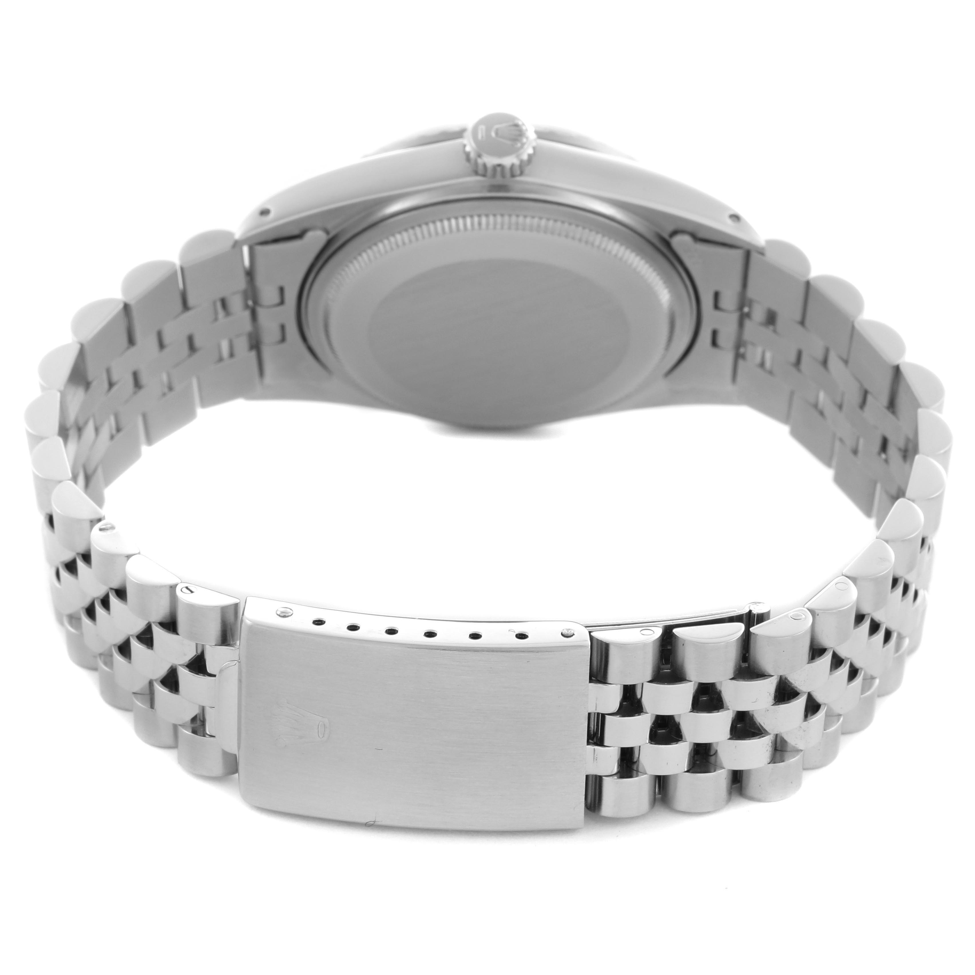 The image shows the Rolex Datejust 16030 Men
s Stainless Steel Silver Dial 16030 Men
s Stainless Steel Silver Dial watch from the back, highlighting the clasp, bracelet, and case back.
