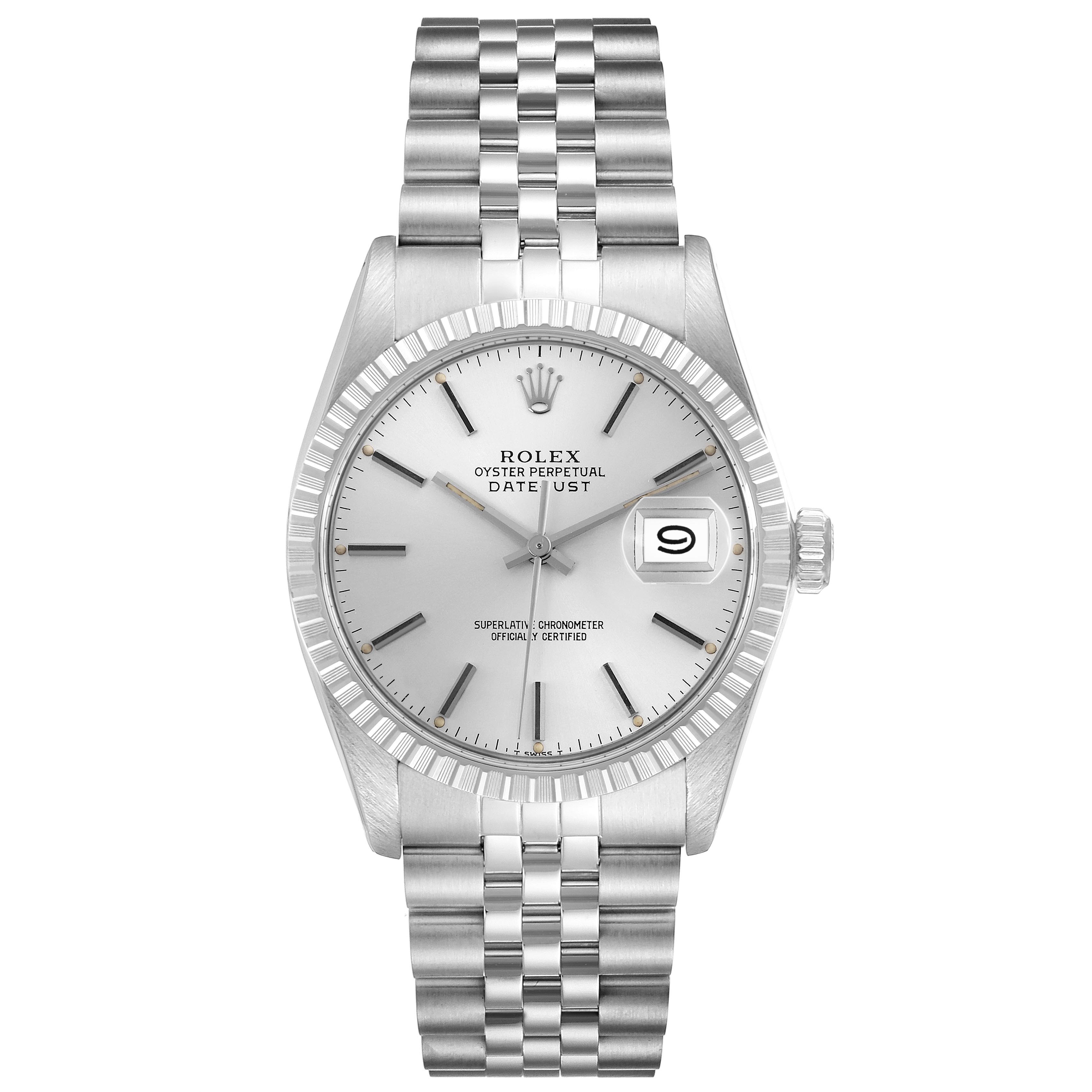 The Rolex Datejust 16030 Men
s Stainless Steel Silver Dial 16030 Men
s Stainless Steel Silver Dial watch is shown from a front angle, highlighting the dial, bezel, and bracelet.