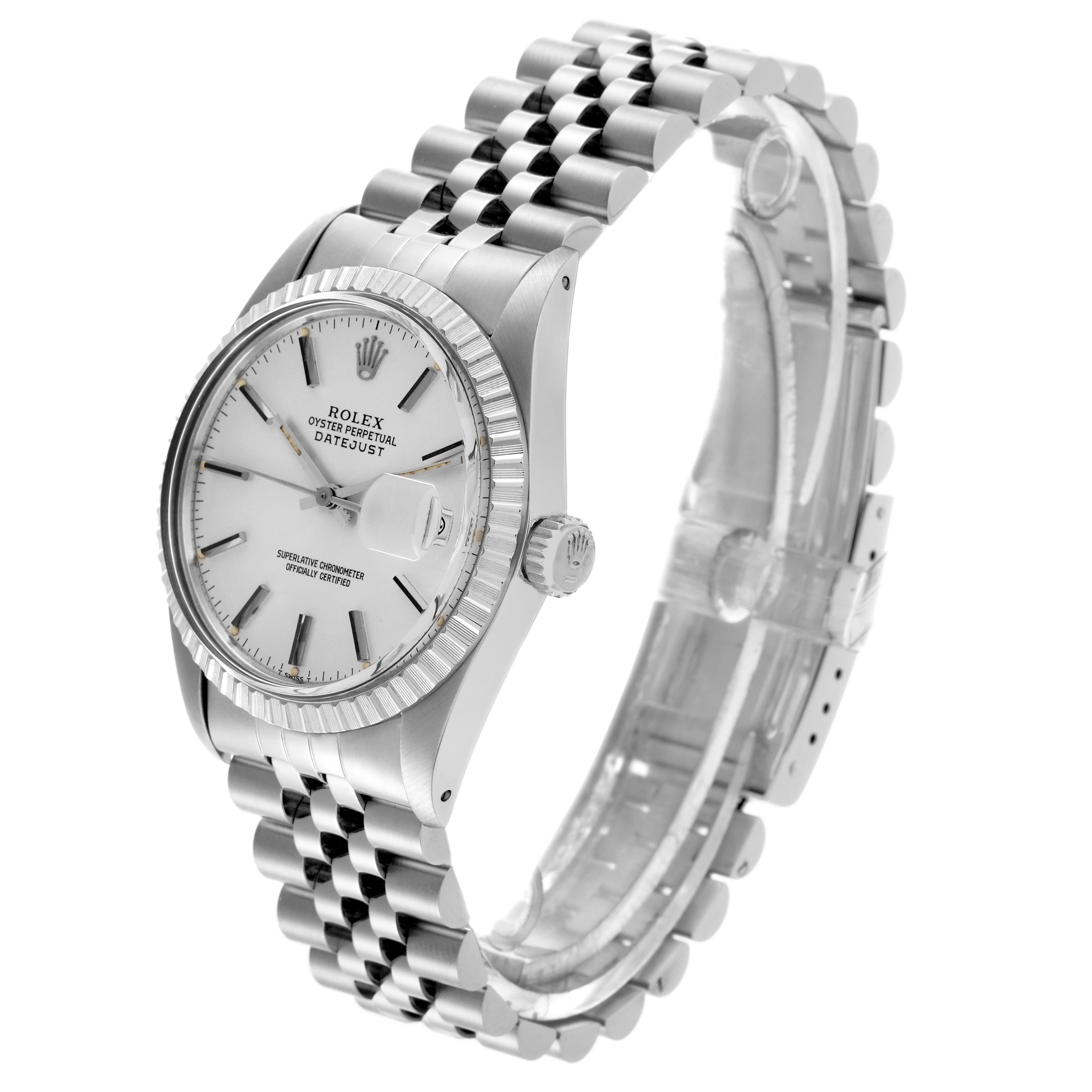 The Rolex Datejust 16030 Men
s Stainless Steel Silver Dial 16030 Men
s Stainless Steel Silver Dial watch is shown at a slight angle, displaying the face, bezel, crown, and jubilee bracelet.