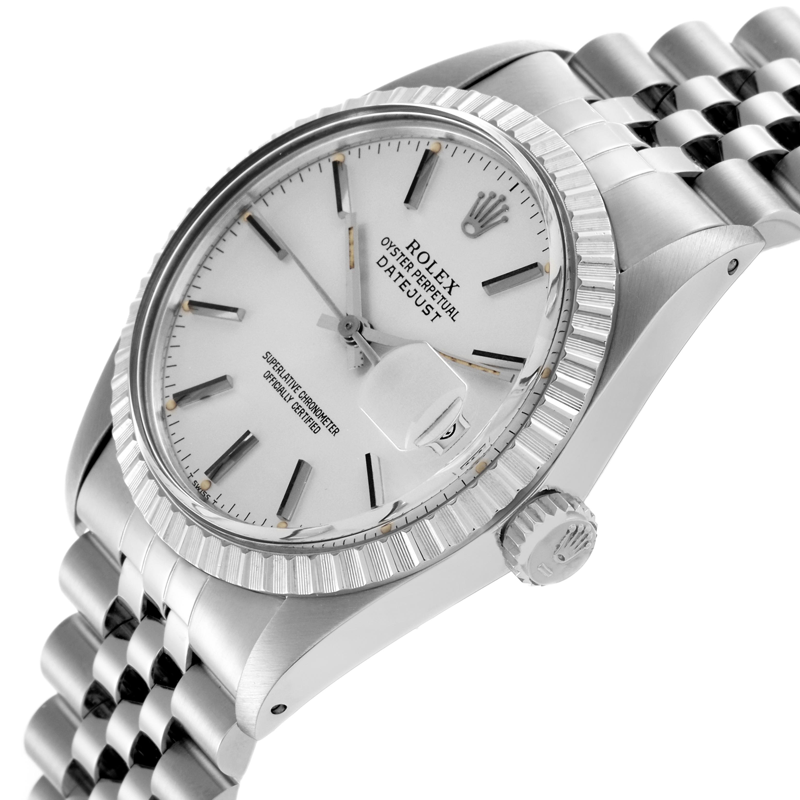 The image shows a Rolex Datejust 16030 Men
s Stainless Steel Silver Dial 16030 Men
s Stainless Steel Silver Dial at a three-quarter angle, highlighting the dial, bezel, crown, and bracelet.