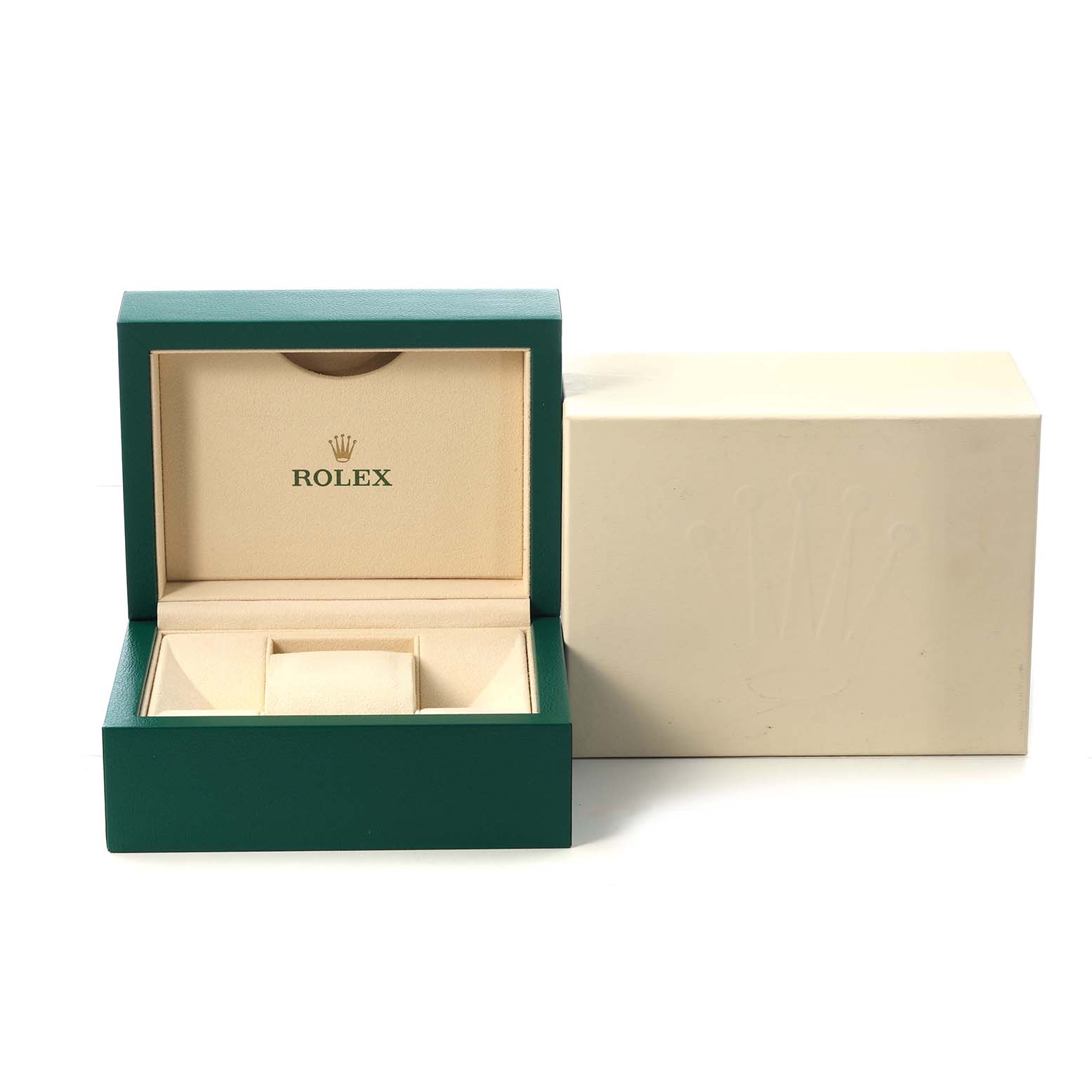 The image shows an open Rolex Mid-Size 278273 Women's Steel and Gold (two tone) Champagne Dial watch box with its lid open, alongside an outer packaging box.