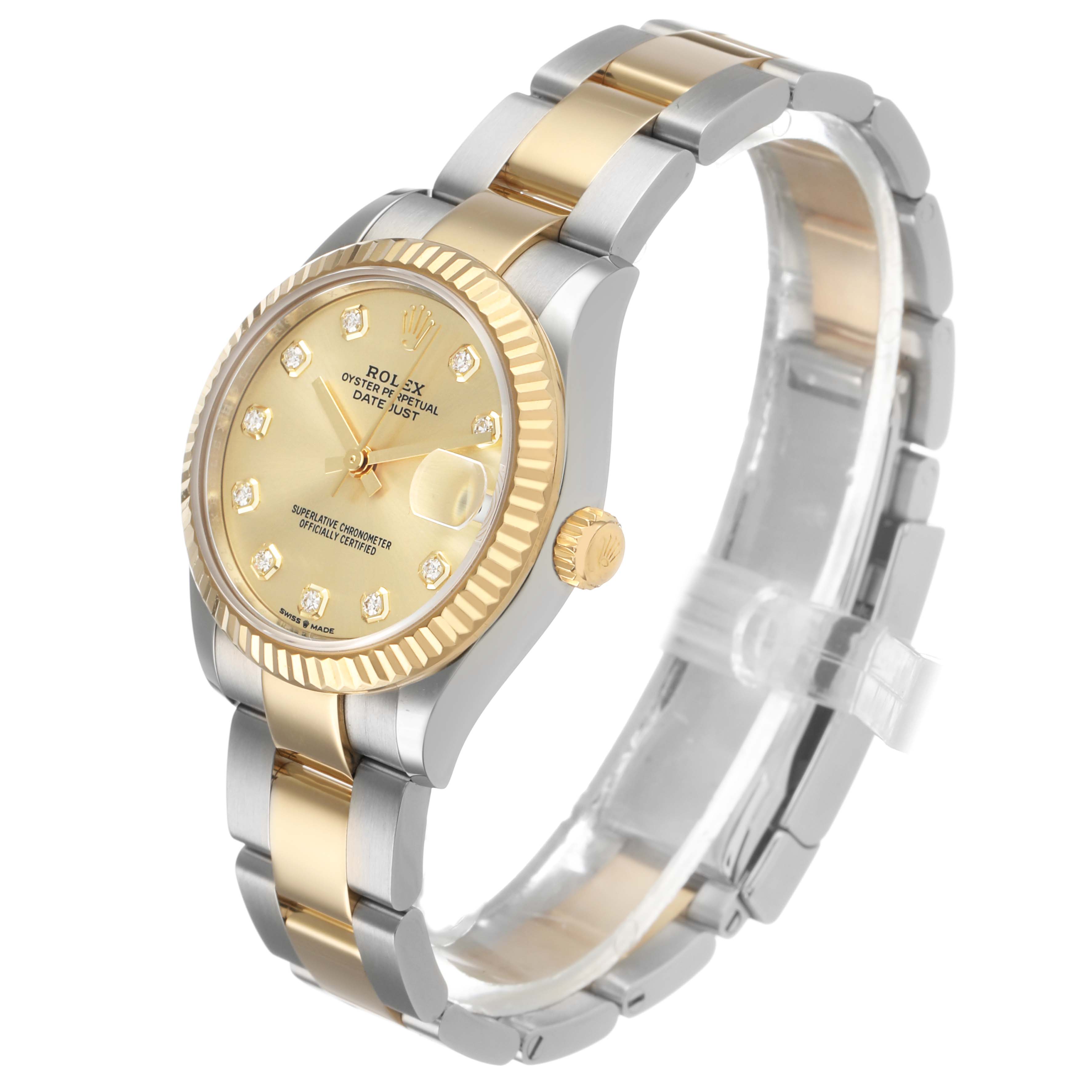 The Rolex Mid-Size 278273 Women's Steel and Gold (two tone) Champagne Dial watch is shown at a slight angle, displaying its gold bezel, dial, and two-tone bracelet.