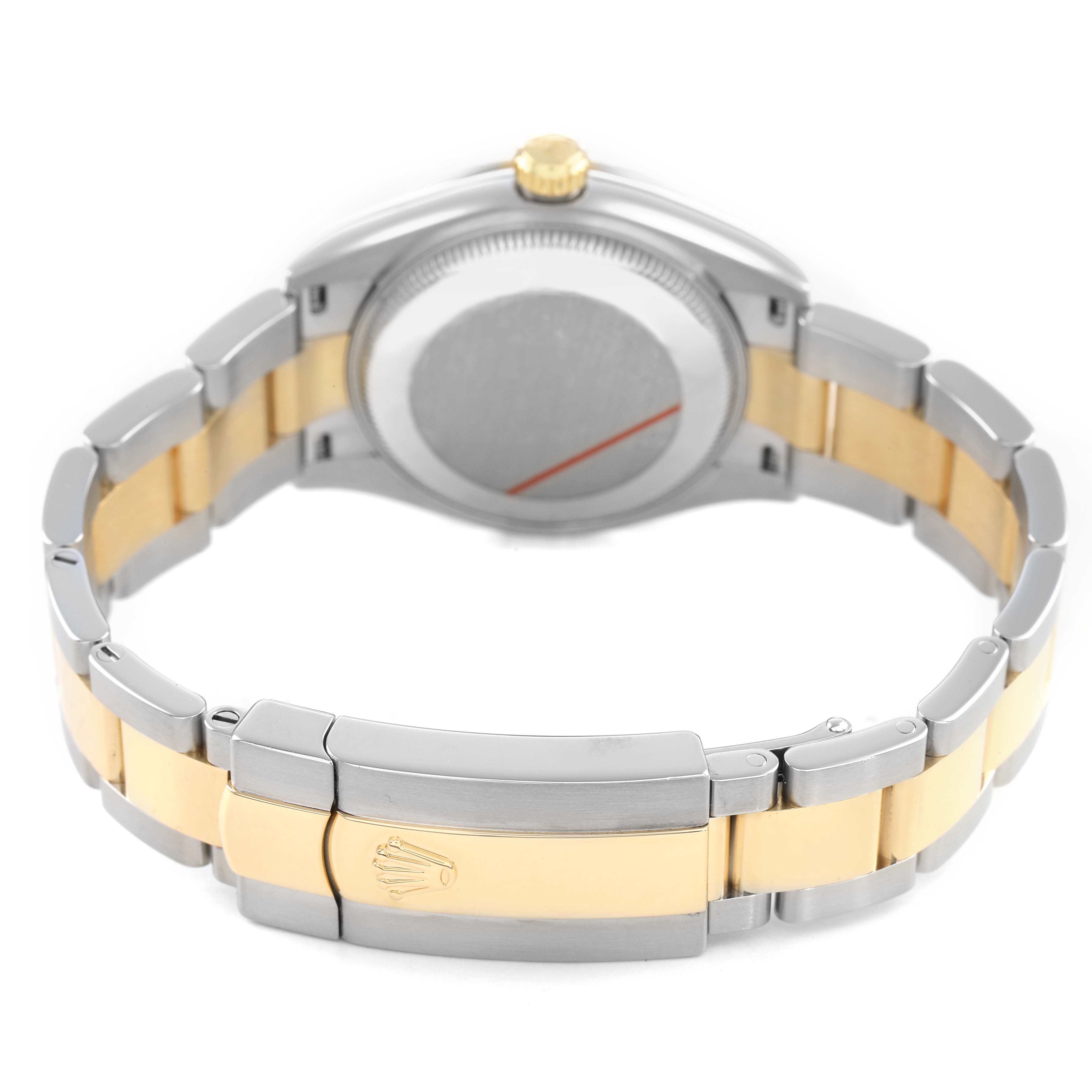 The image shows the back and band of a Rolex Mid-Size 278273 Women's Steel and Gold (two tone) Champagne Dial watch, featuring a two-tone metal bracelet and clasp.