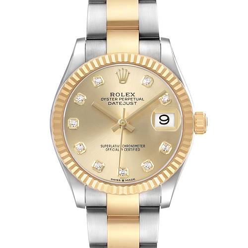 The Rolex Mid-Size 278273 Women's Steel and Gold (two tone) Champagne Dial is shown from the front, highlighting the bezel, dial, hands, date magnification, and two-tone bracelet.