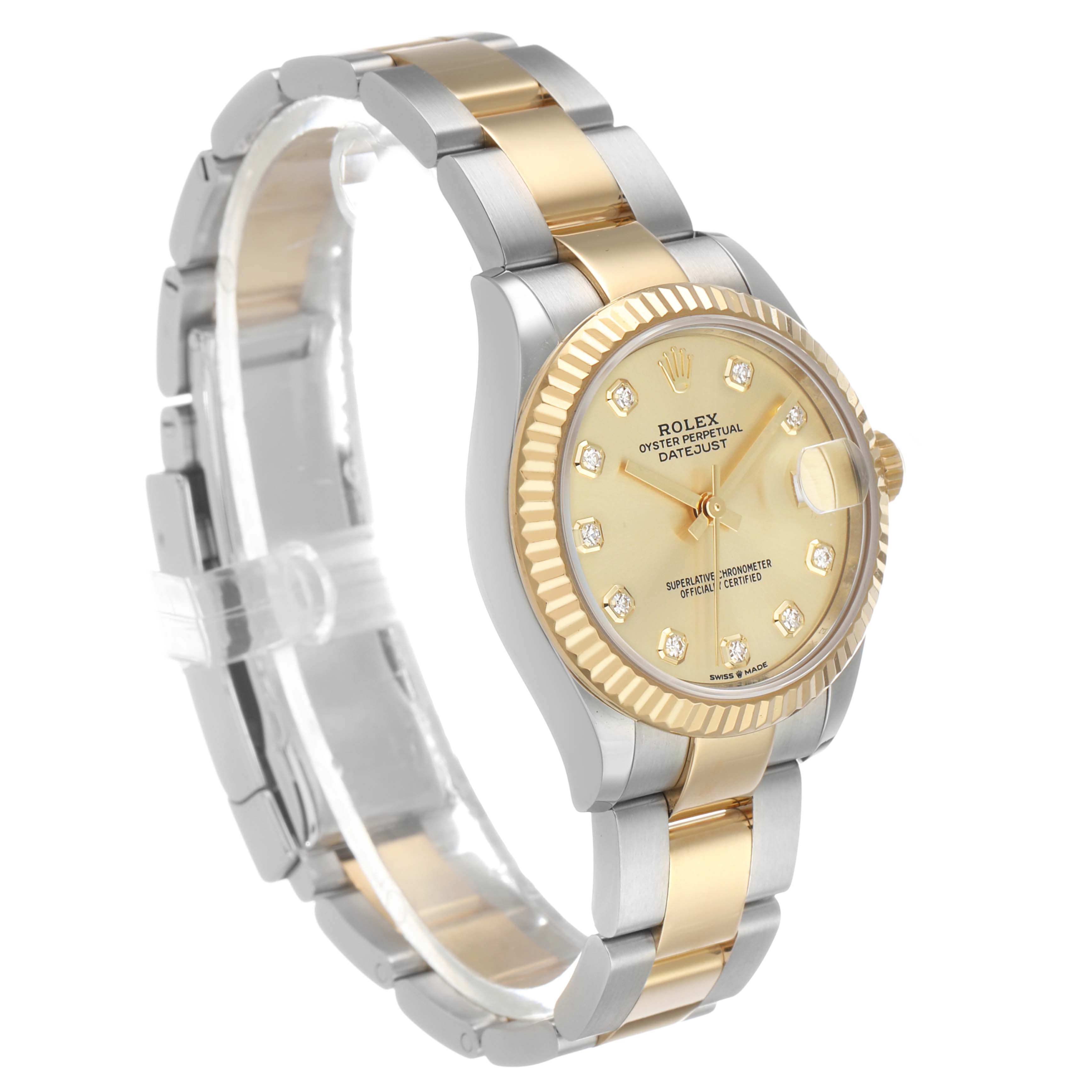 The image shows a Rolex Mid-Size 278273 Women's Steel and Gold (two tone) Champagne Dial watch angled slightly from the side, displaying its face, bezel, and bracelet.