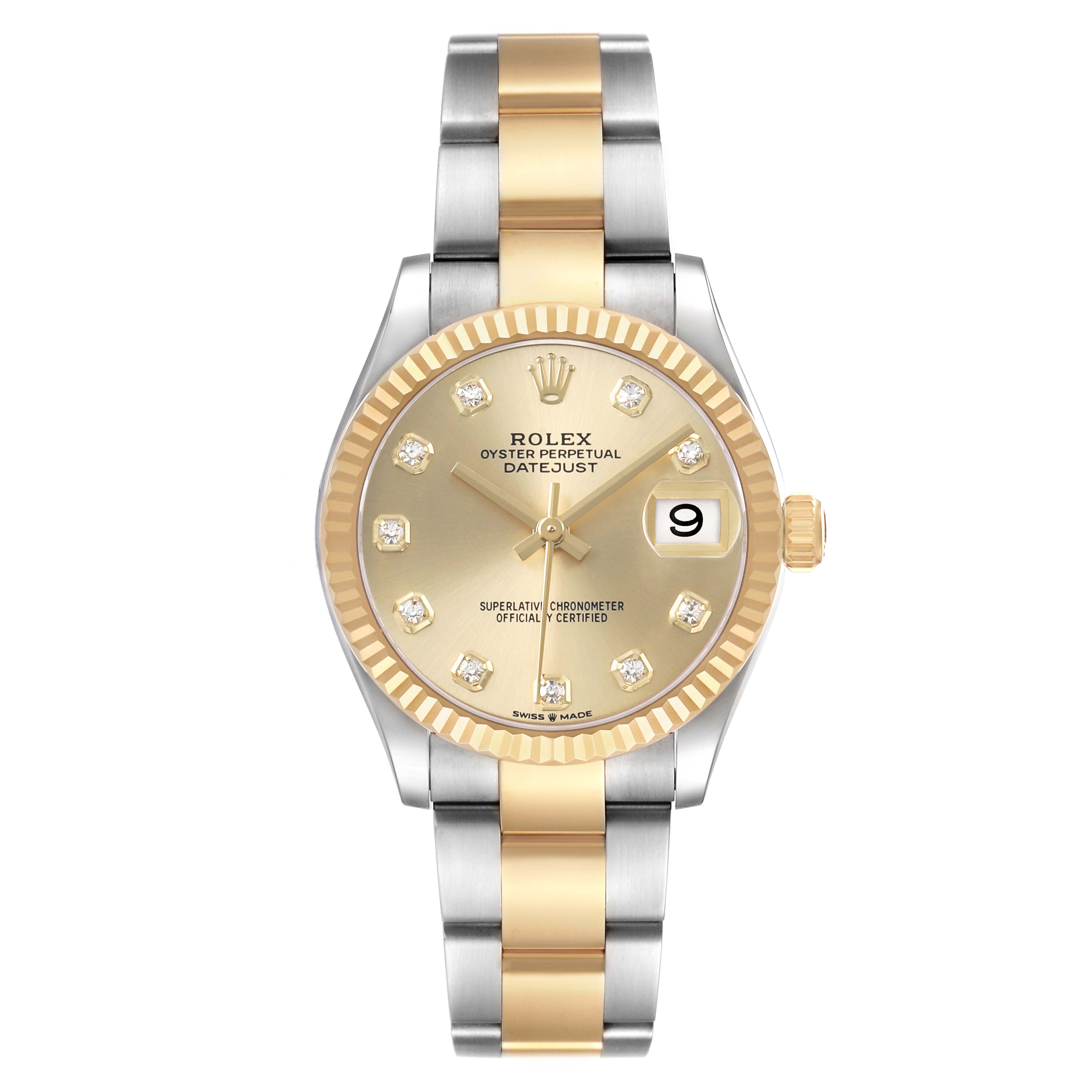 The Rolex Mid-Size 278273 Women's Steel and Gold (two tone) Champagne Dial watch is shown from a front angle, highlighting its gold dial, date window, and two-tone bracelet.