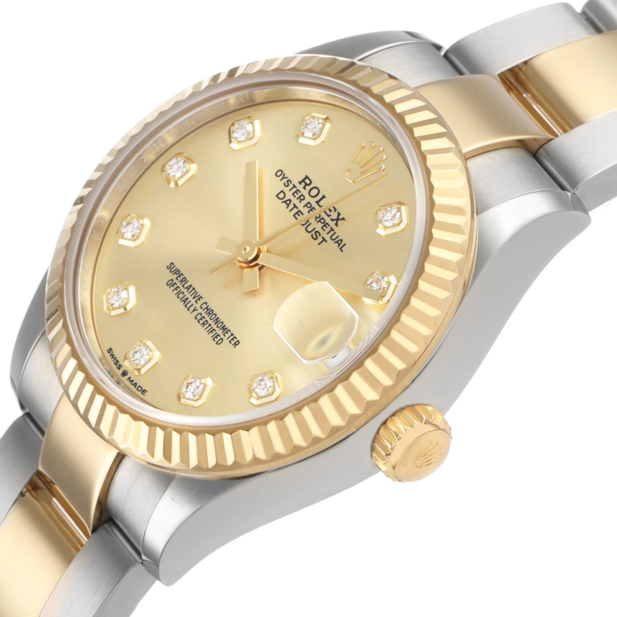 The Rolex mid-size watch is shown at an angled close-up, highlighting the gold bezel, watch face with diamond markers, and part of the bracelet.