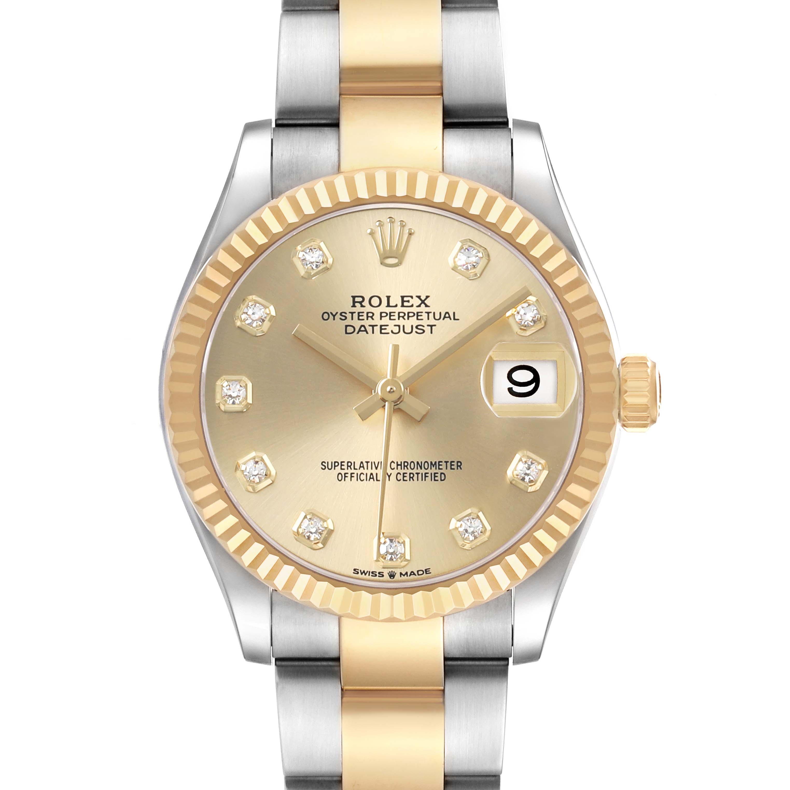 The Rolex Mid-Size 278273 Women's Steel and Gold (two tone) Champagne Dial model is shown from the front, displaying its face, bezel, and part of the bracelet.