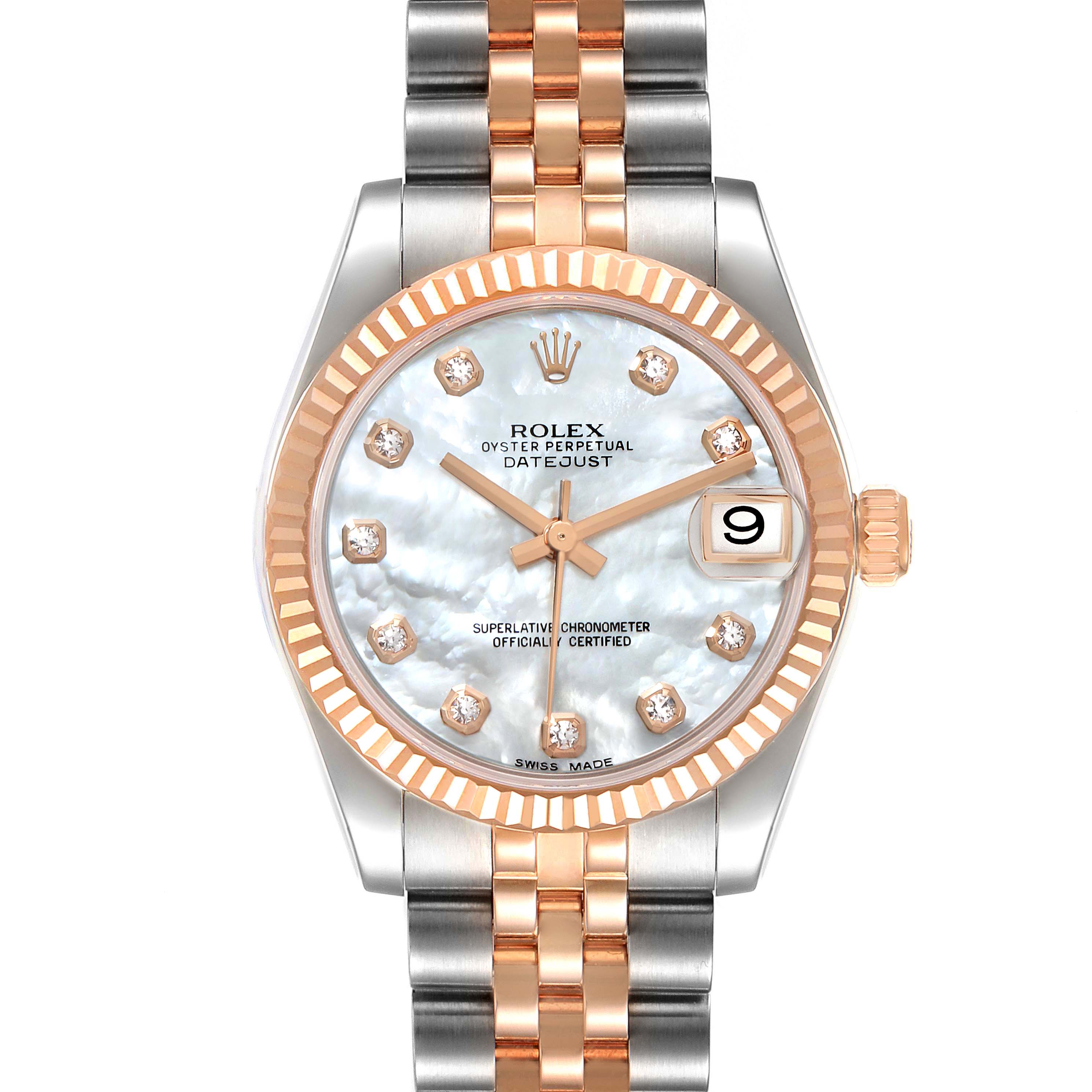 This image shows a frontal view of a Rolex Datejust Mid-Size watch featuring a two-tone bracelet and fluted bezel.