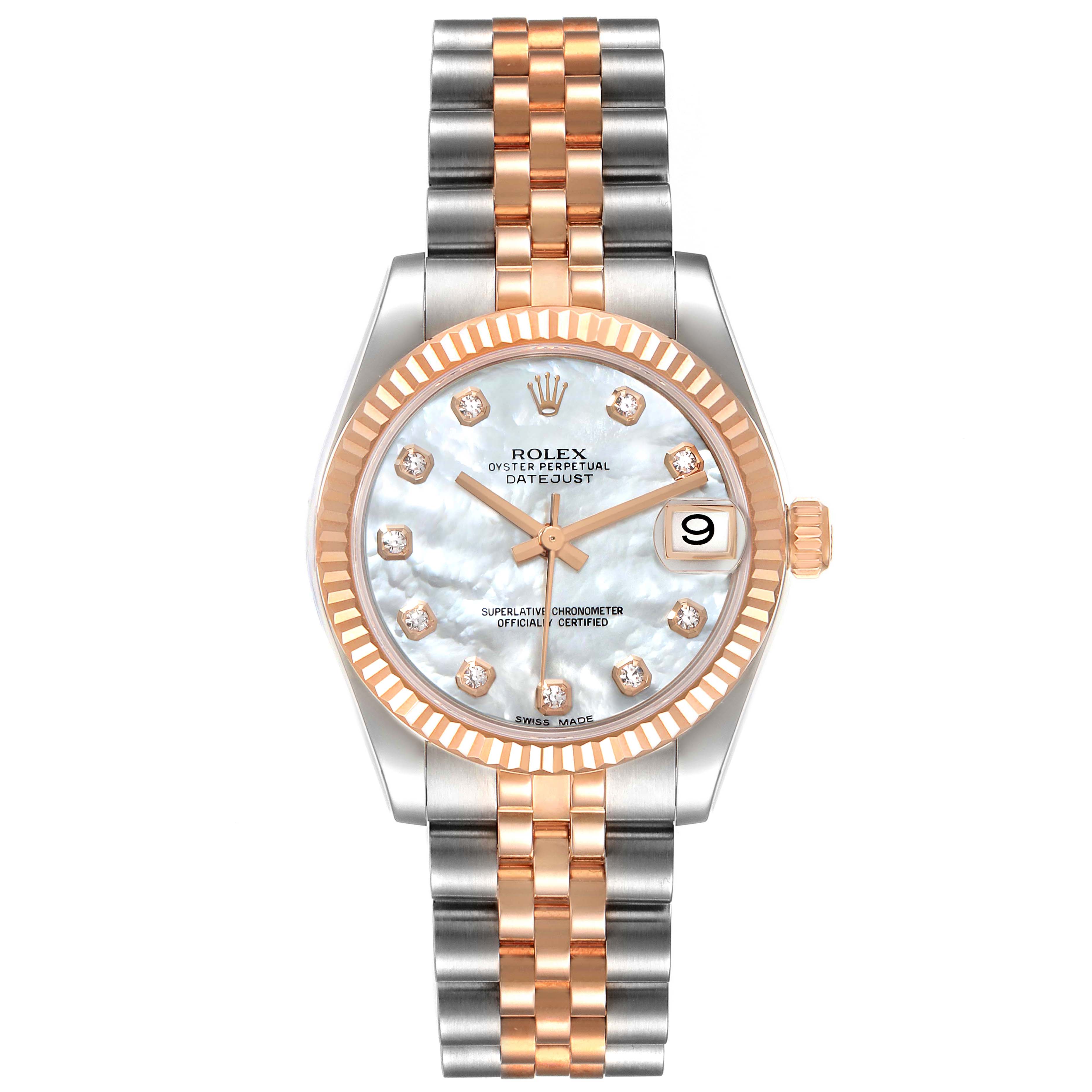 This image shows the front view of a Mid-Size Rolex Datejust watch with a two-tone bracelet and a mother-of-pearl dial.
