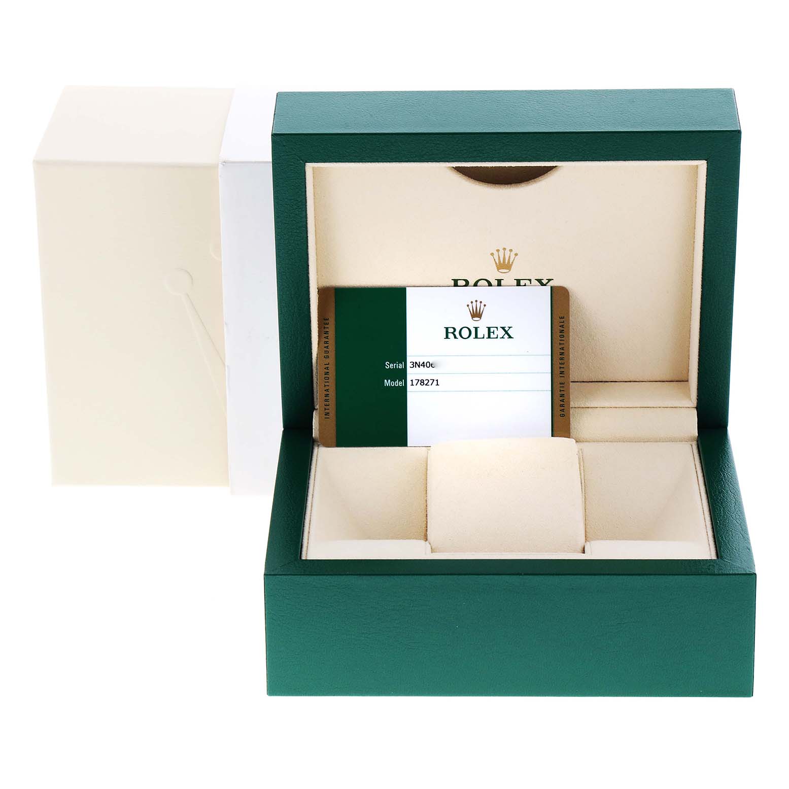 The image shows a Rolex box for the Mid-Size model 178271, including a model and serial number card, with the lid open.