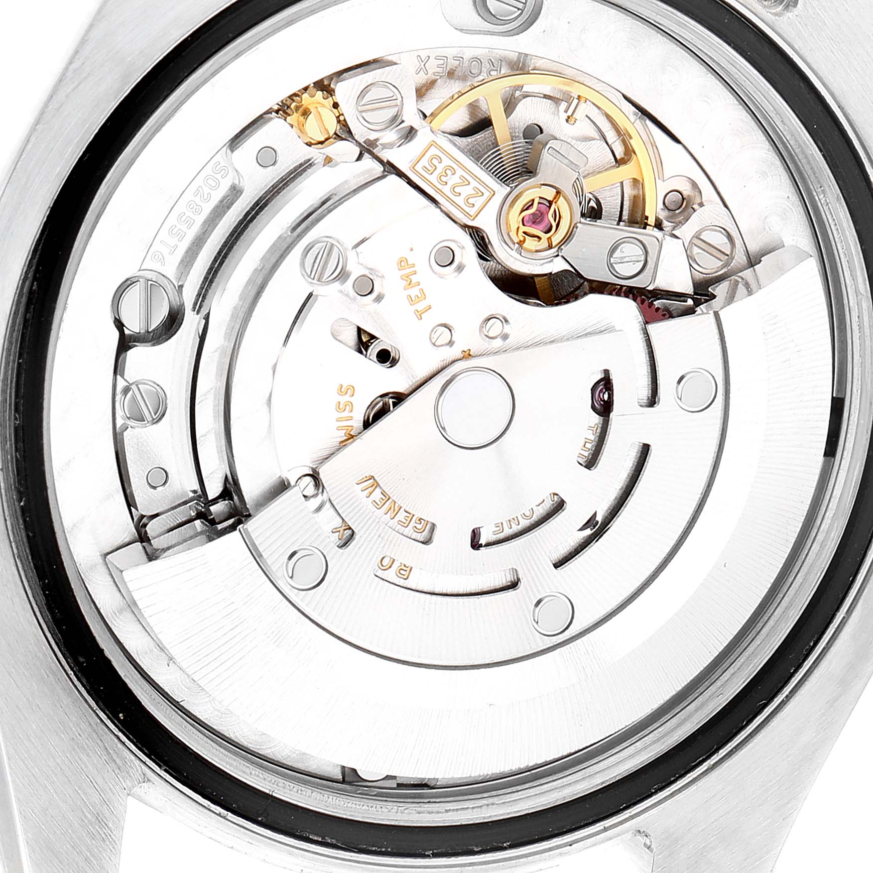 The image shows a close-up of the movement mechanism of a Rolex Mid-Size 178271 Women's Steel and Gold (two tone) Mother of Pearl Dial 178271 Women's Steel and Gold (two tone) Mother of Pearl Dial watch from the rear.
