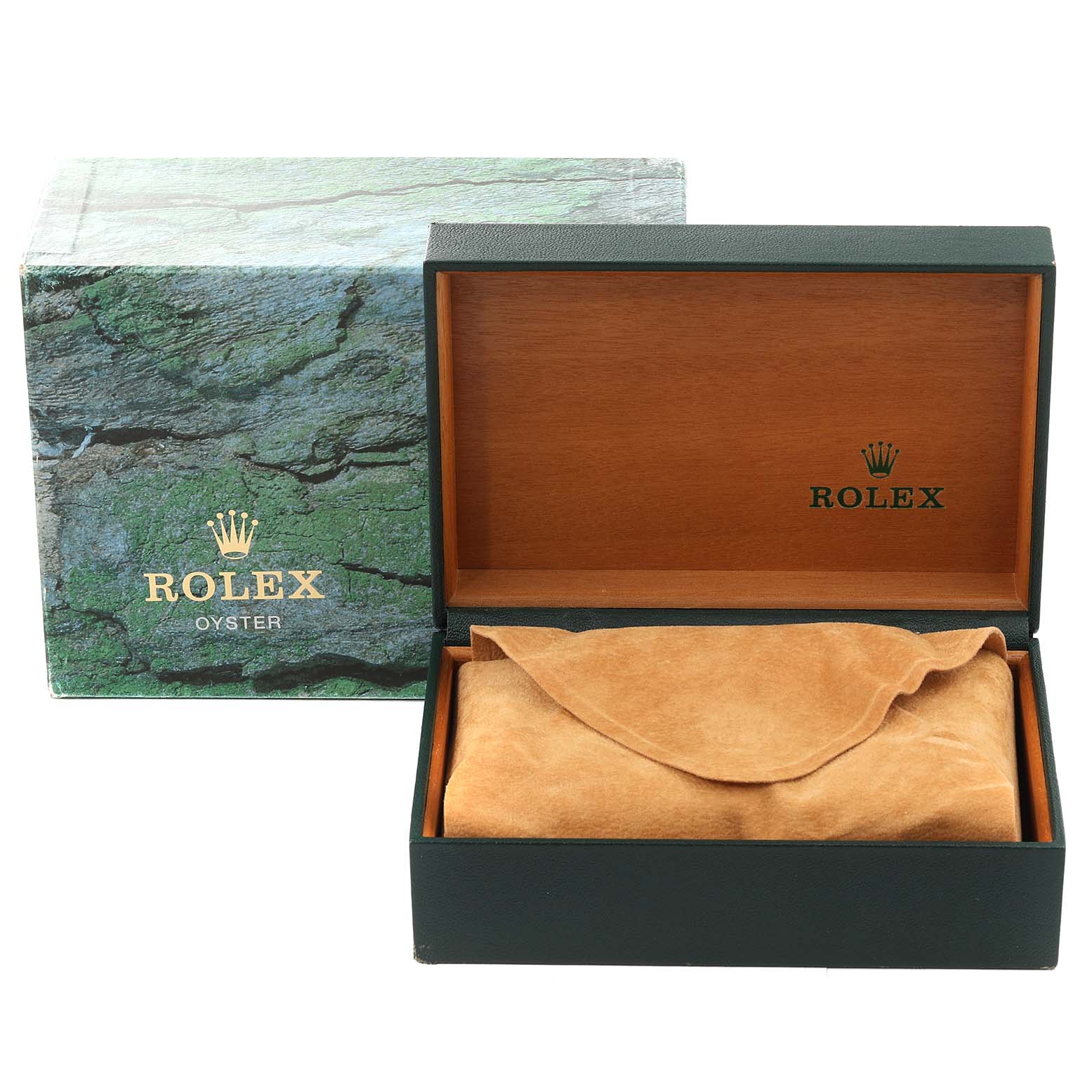 The image shows a Rolex Mid-Size 68274 Women's Stainless Steel Blue Dial 68274 Women's Stainless Steel Blue Dial watch box and its accessories, including an outer box and a watch pouch inside the inner box.